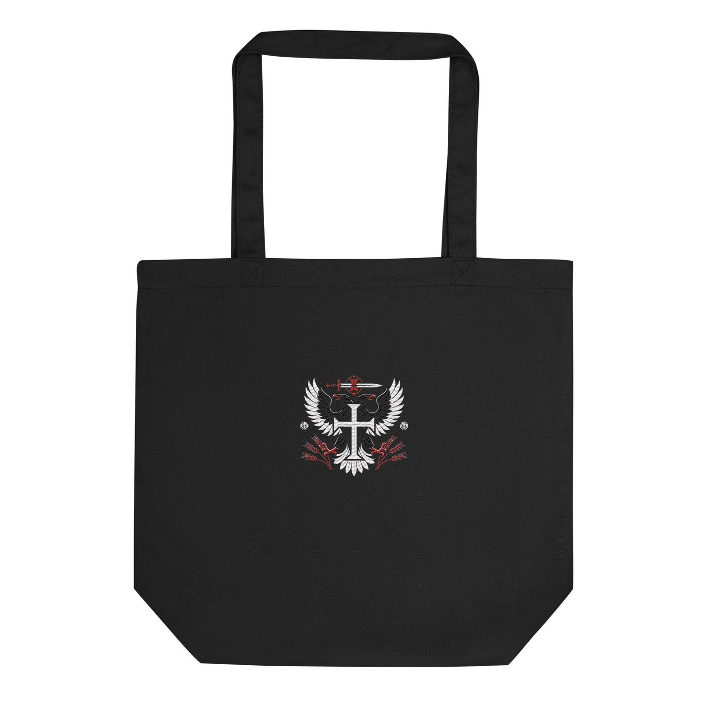 a black tote bag with the emblem of a bird