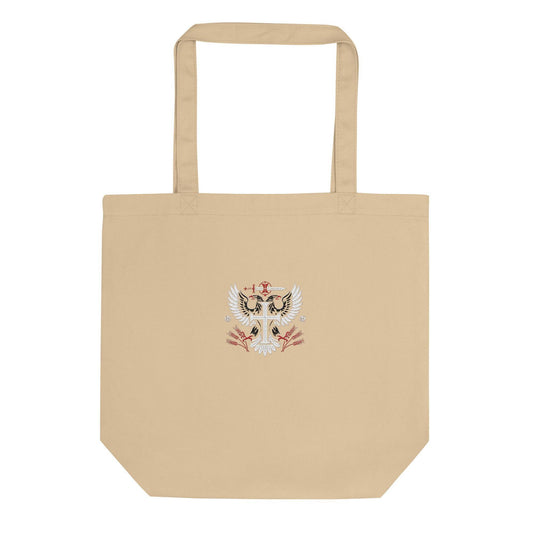 a tote bag with a picture of two eagles on it