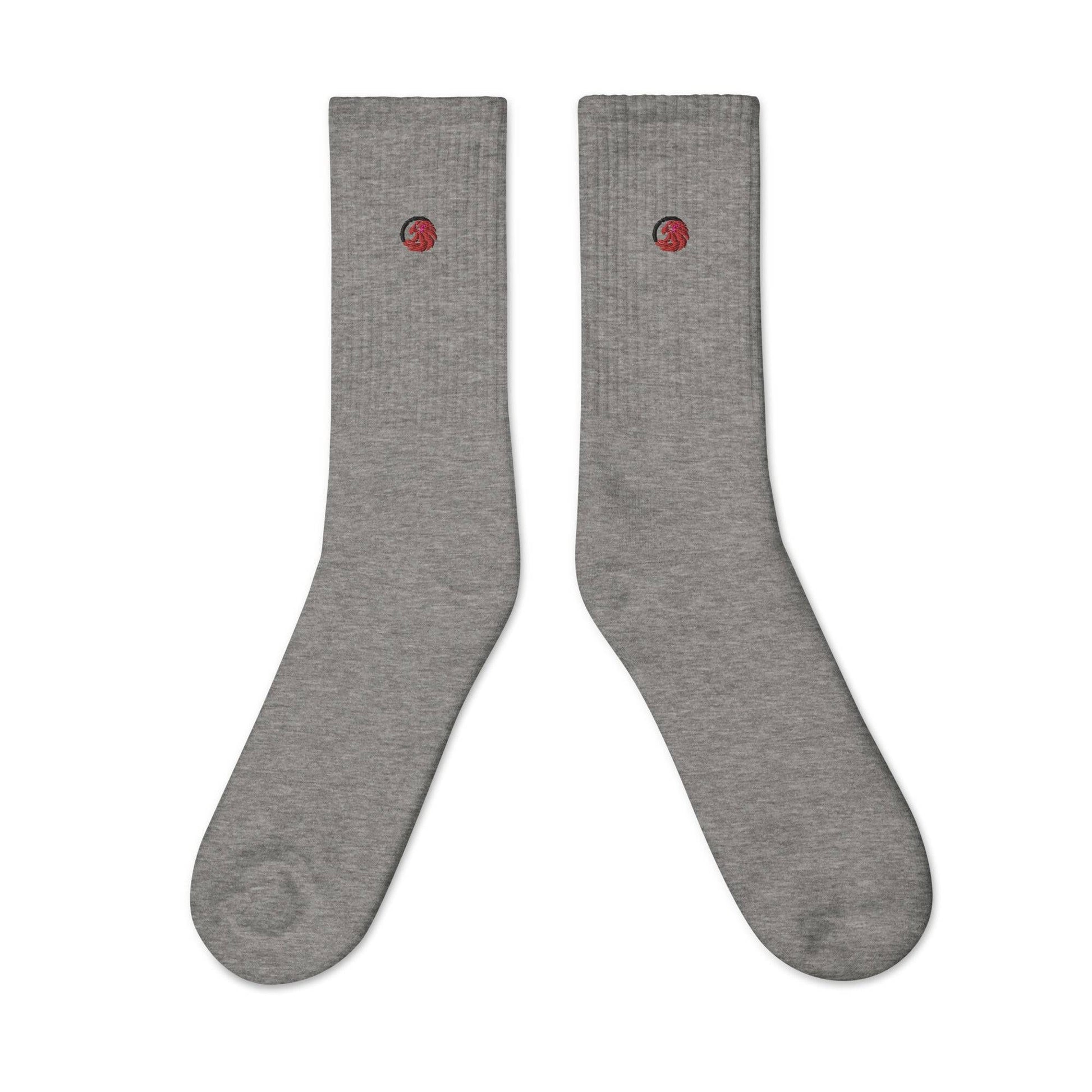 Heather gray pair of socks logo sides