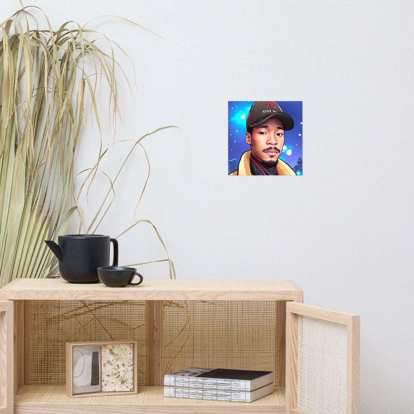 a picture of a man on a wall above a shelf