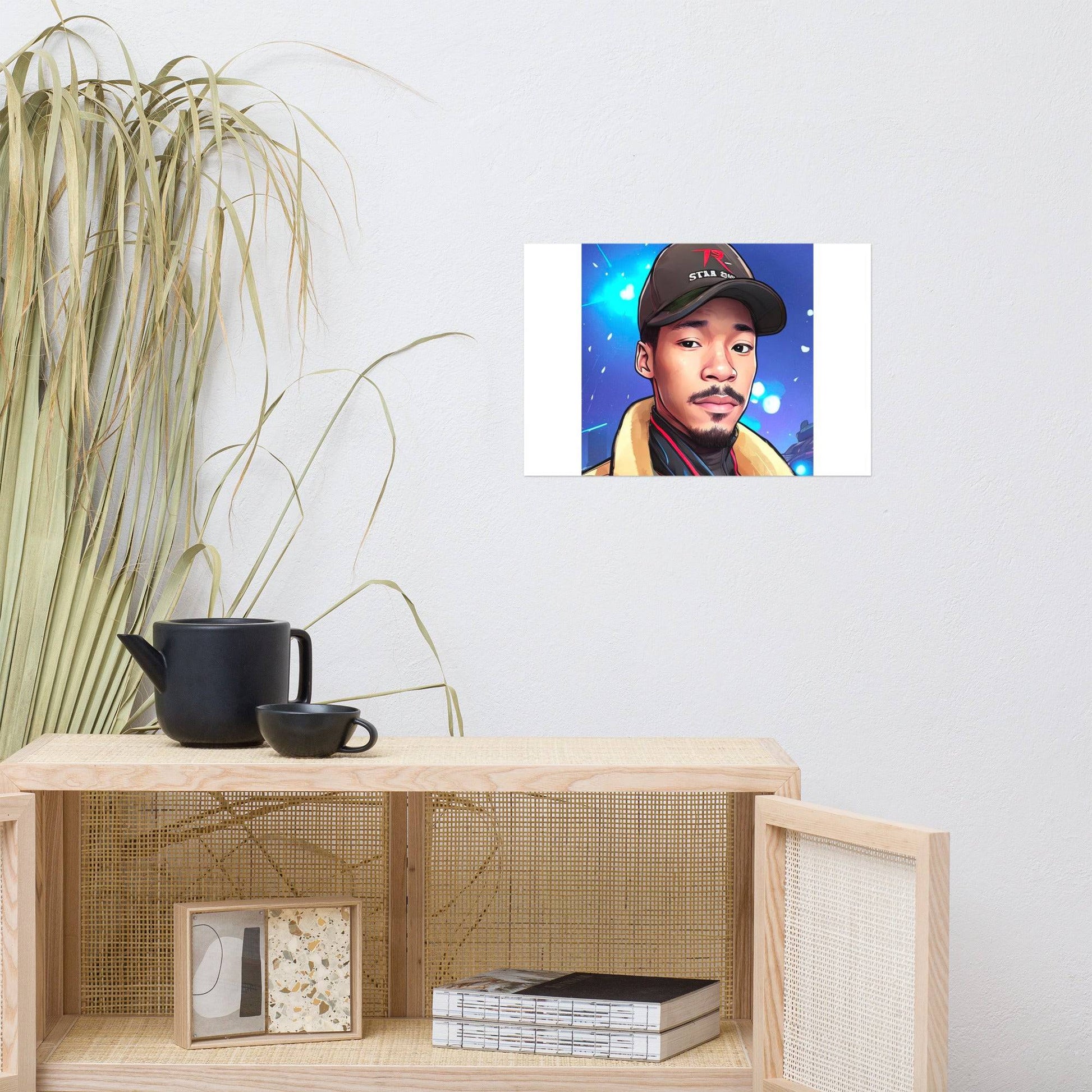 a picture of a man with a hat on a shelf