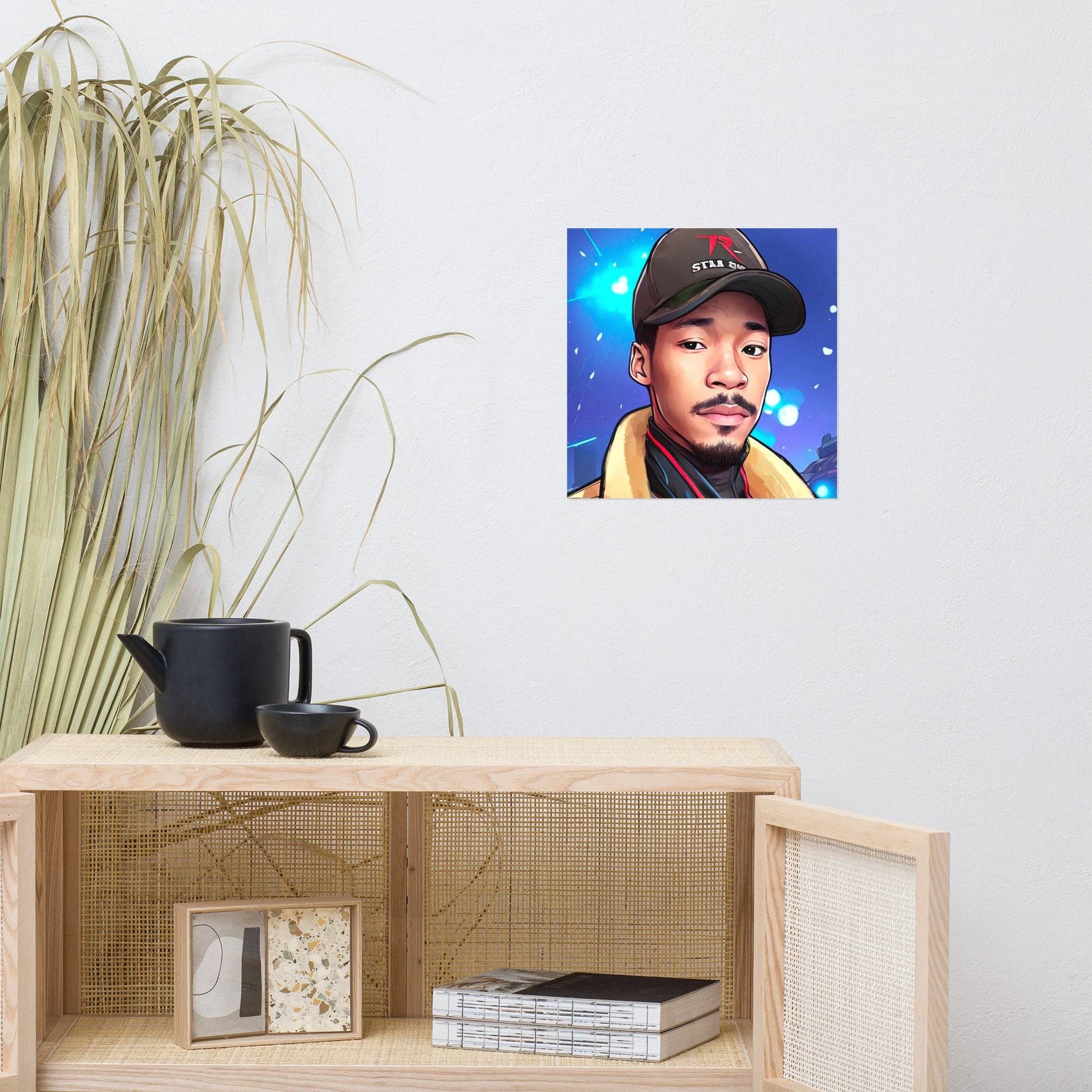 a picture of a man with a hat on a shelf