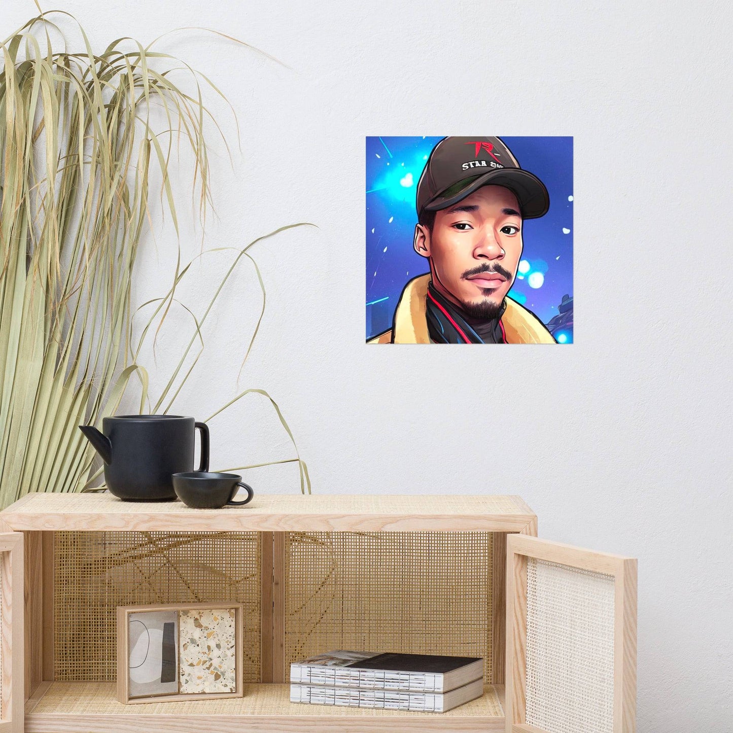 a painting of a man with a hat on a shelf