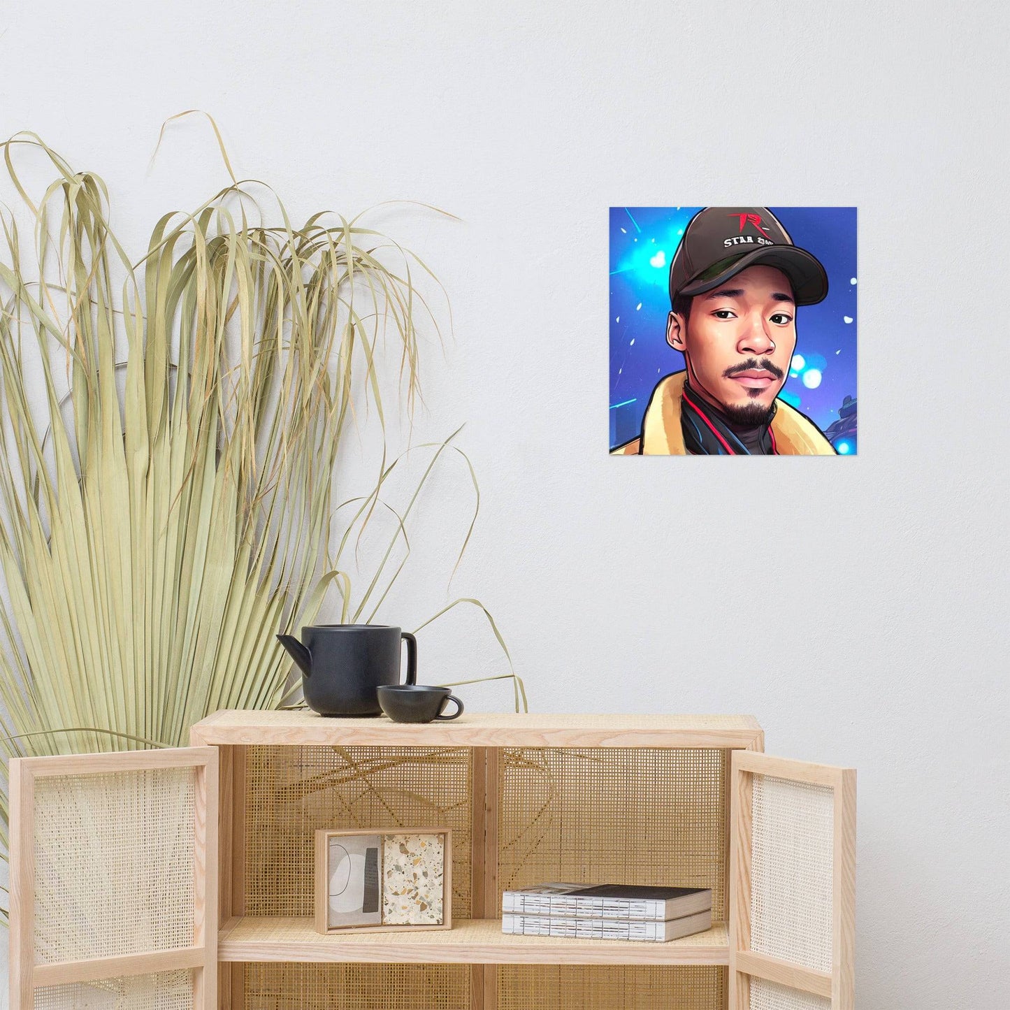 a picture of a man with a hat on a shelf