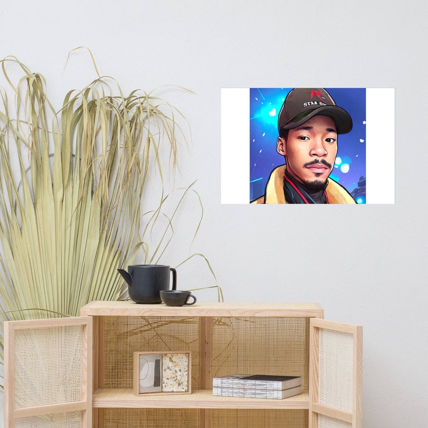 a picture of a man with a hat on a shelf