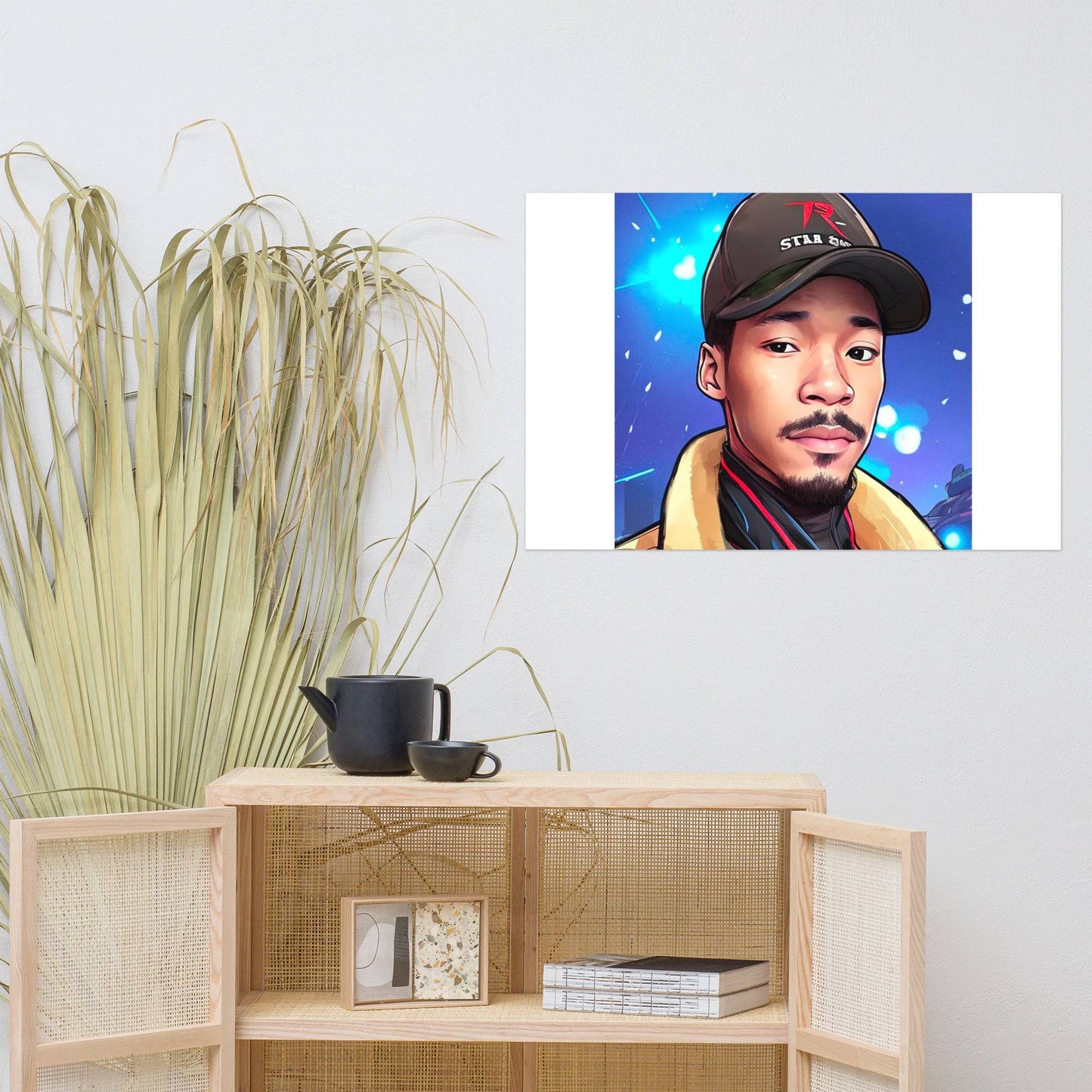 a picture of a man with a hat on a shelf