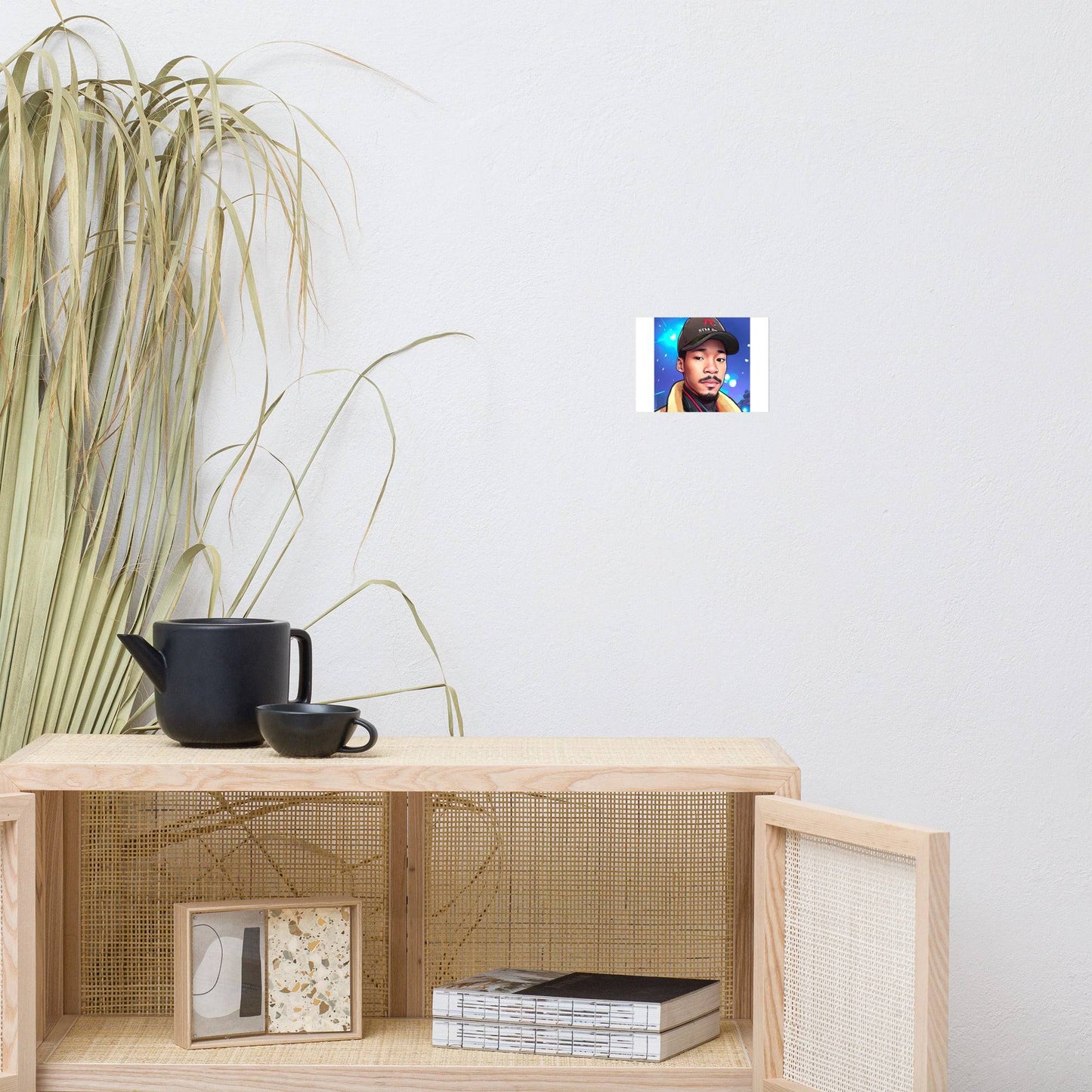 a wooden shelf with a picture of a man on it