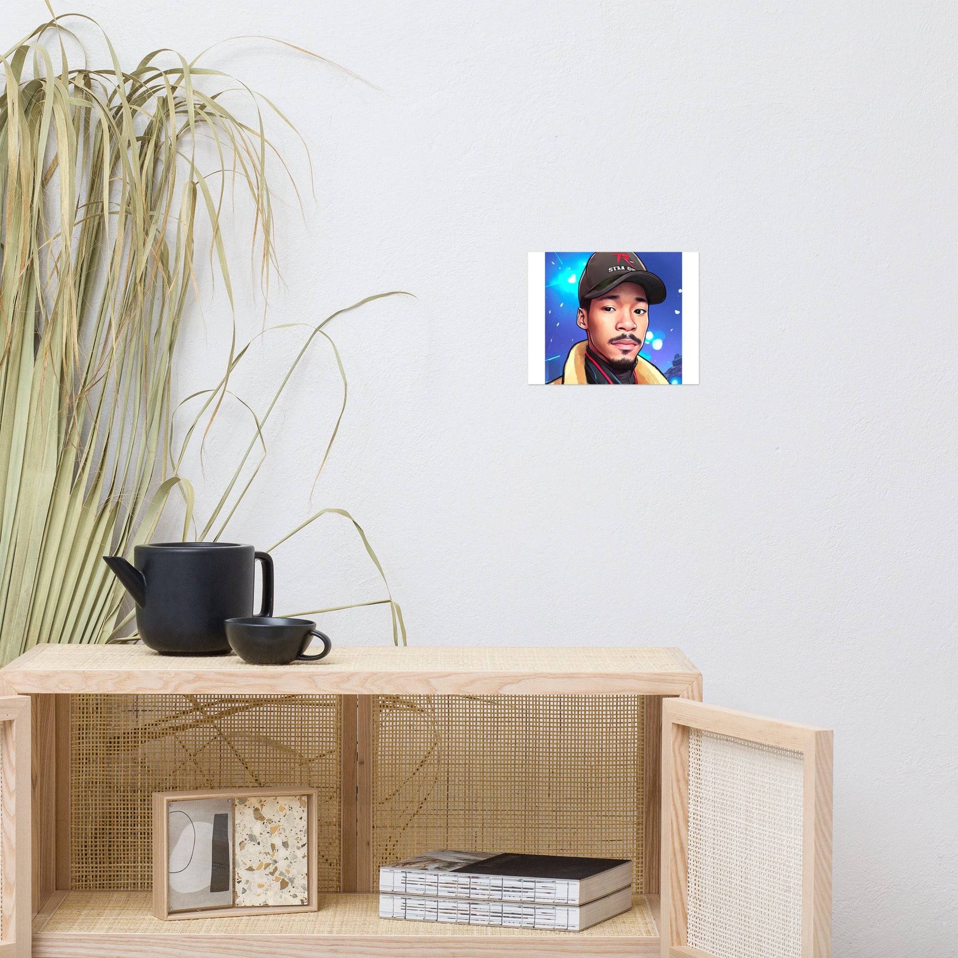 a picture of a man on a wall behind a shelf