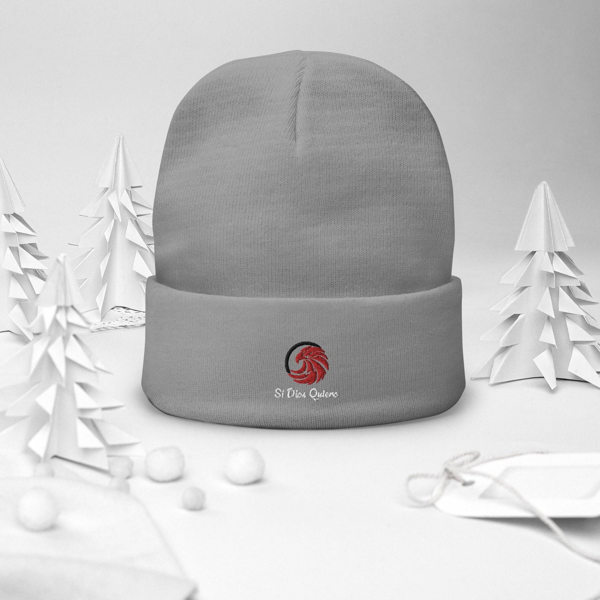 Heather gray beanie in christmas trees