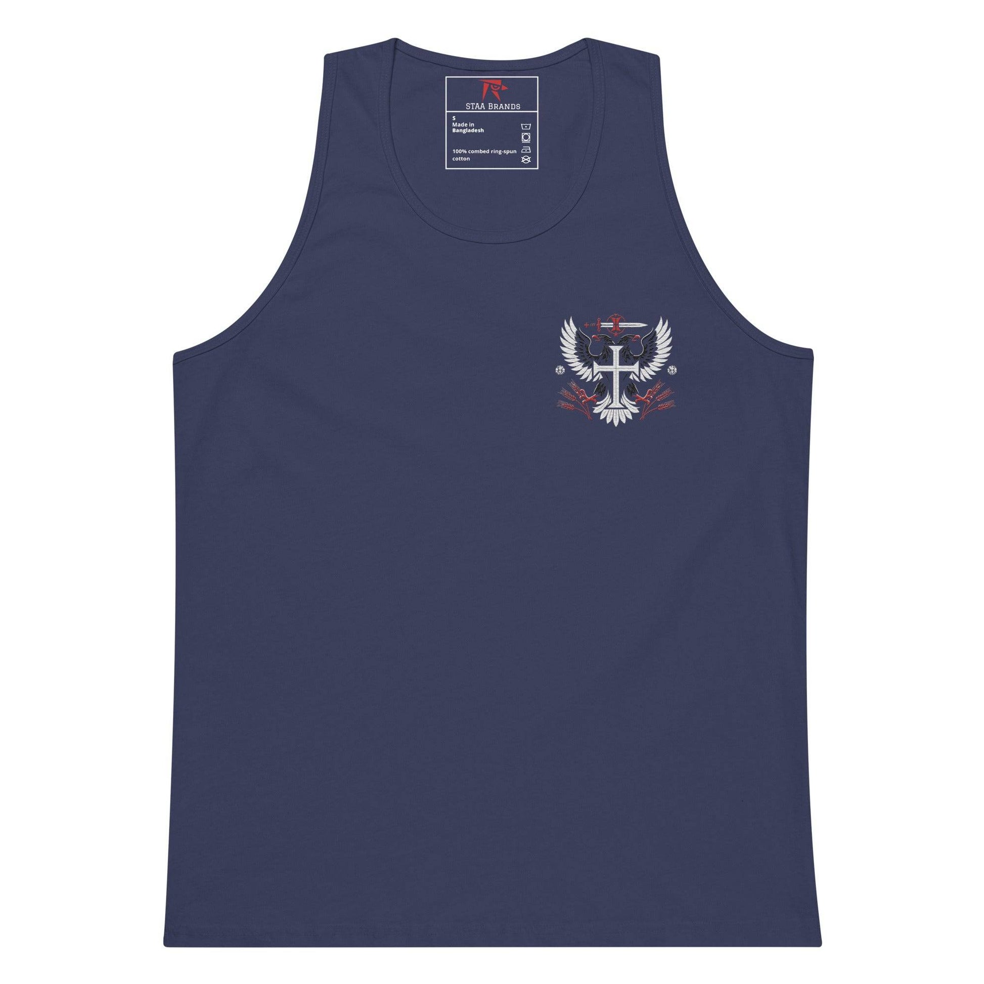 a blue tank top with a white eagle on it