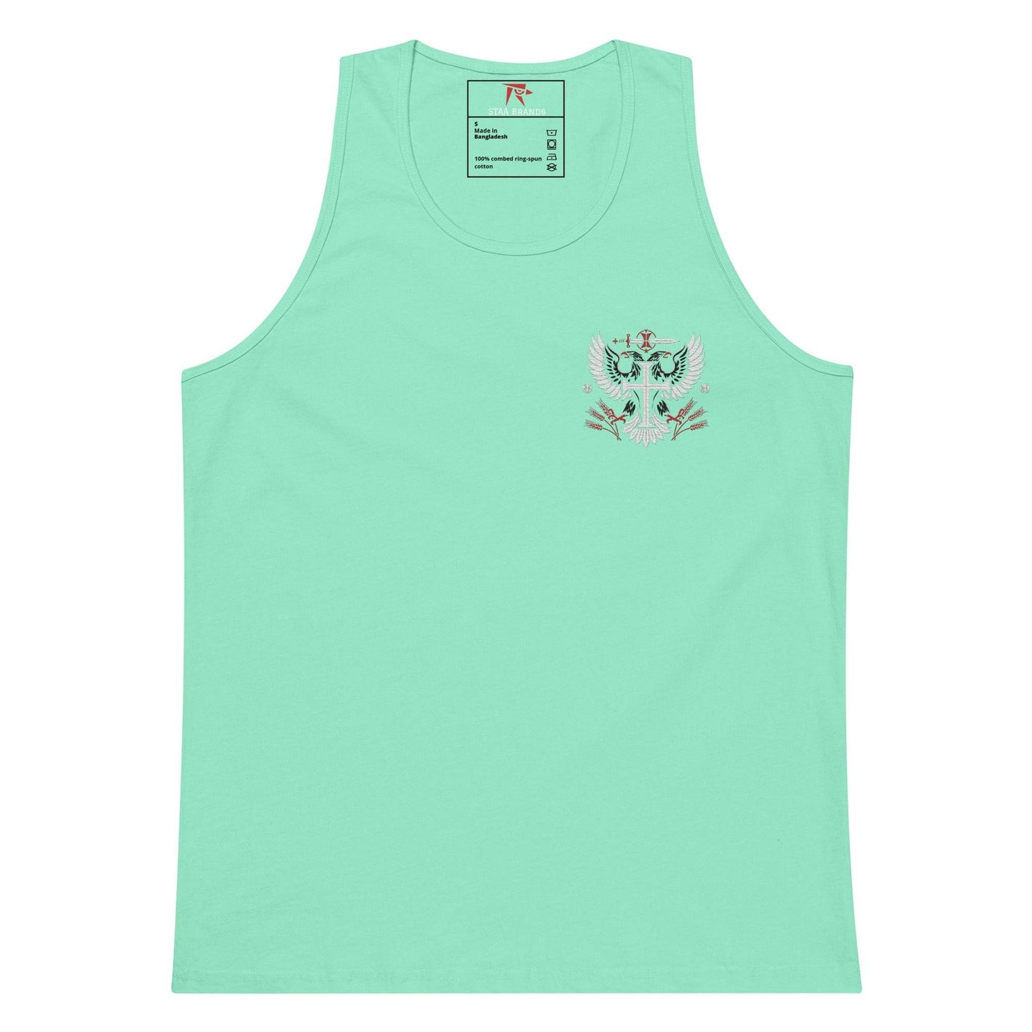 a light green tank top with an owl applique