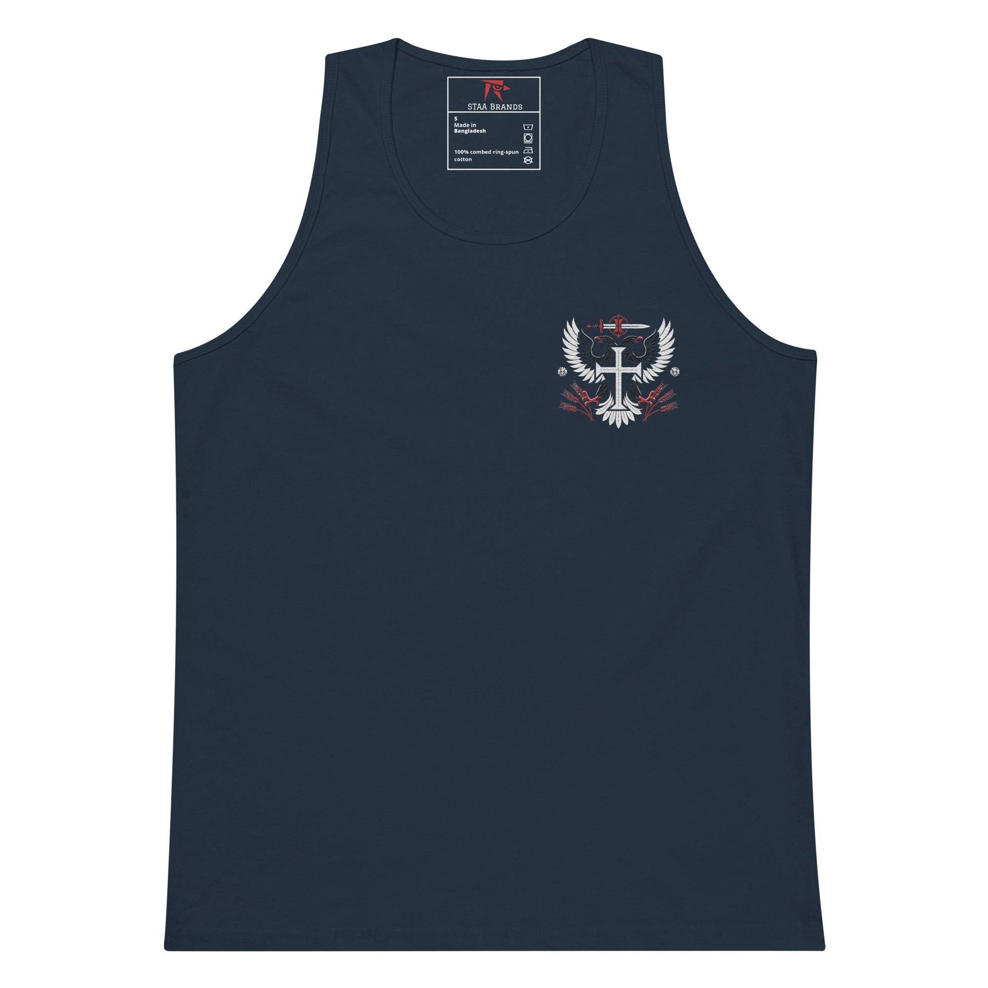 a navy tank top with a white eagle on it