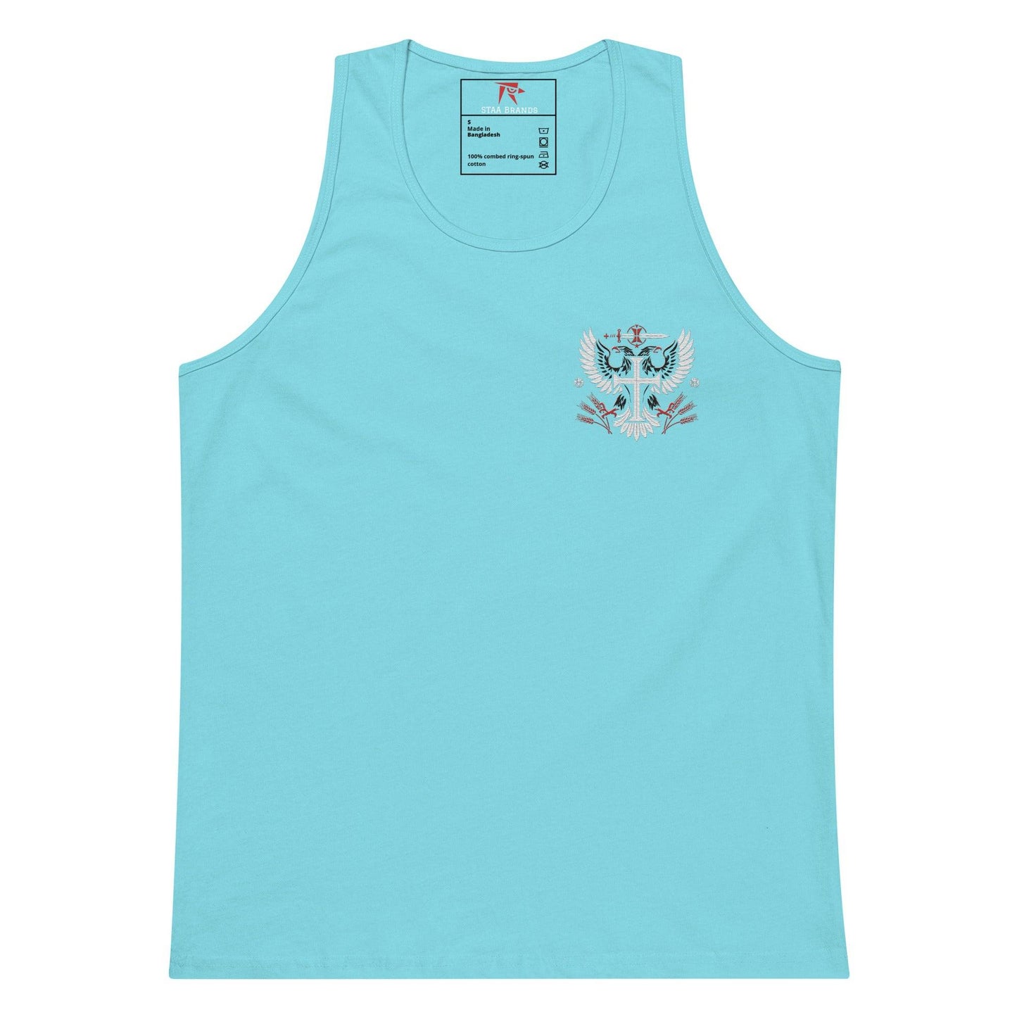 a light blue tank top with an owl applique