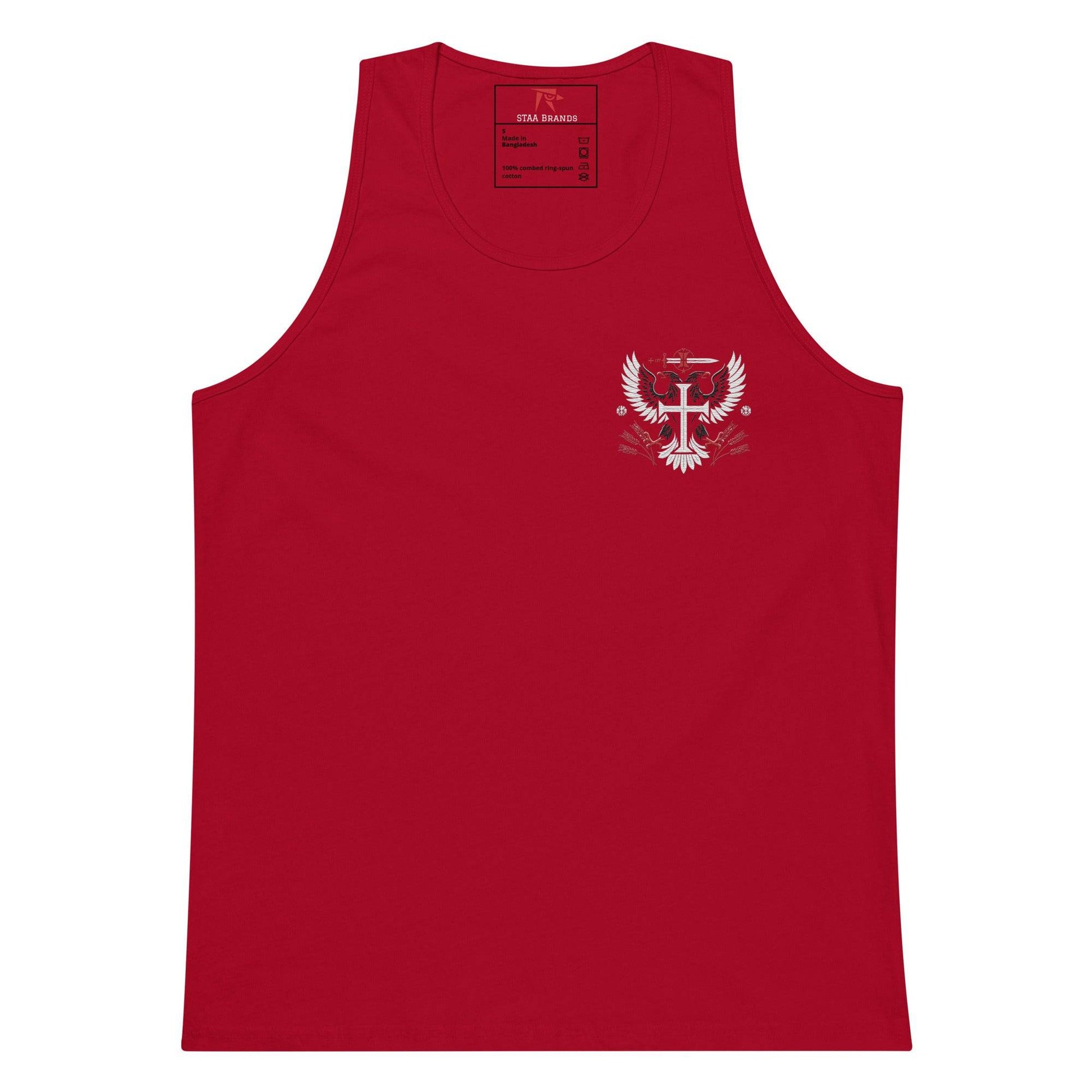 a red tank top with a white eagle on it