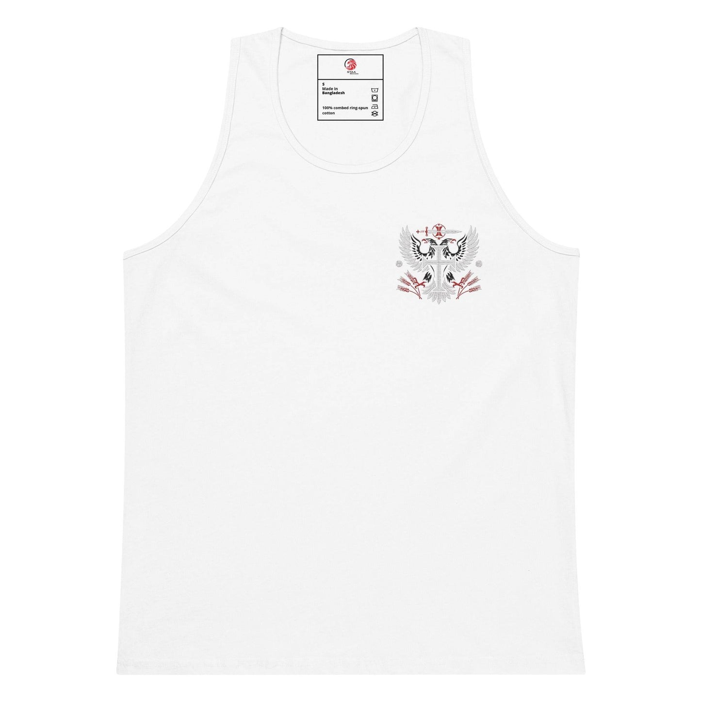 a white tank top with a picture of a bird on it