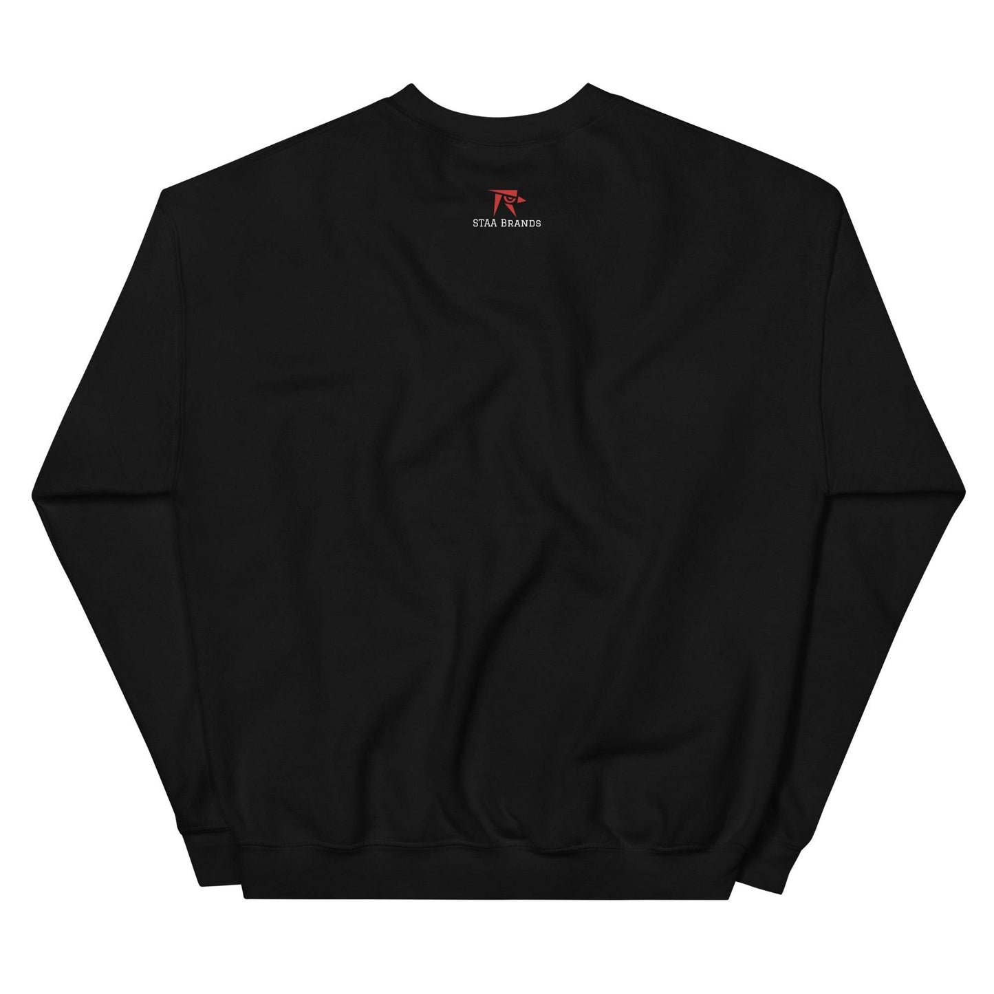 a black sweatshirt with a red logo on it