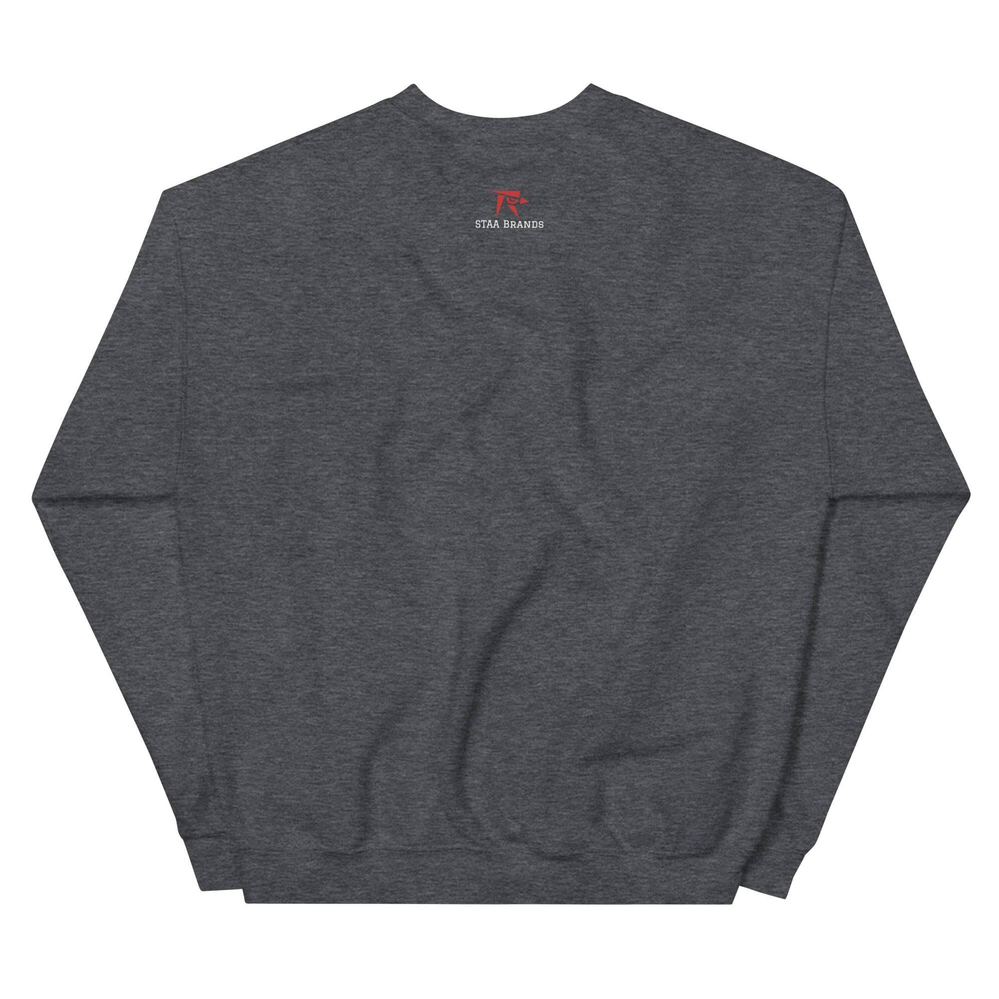 a grey sweatshirt with a red logo on the chest