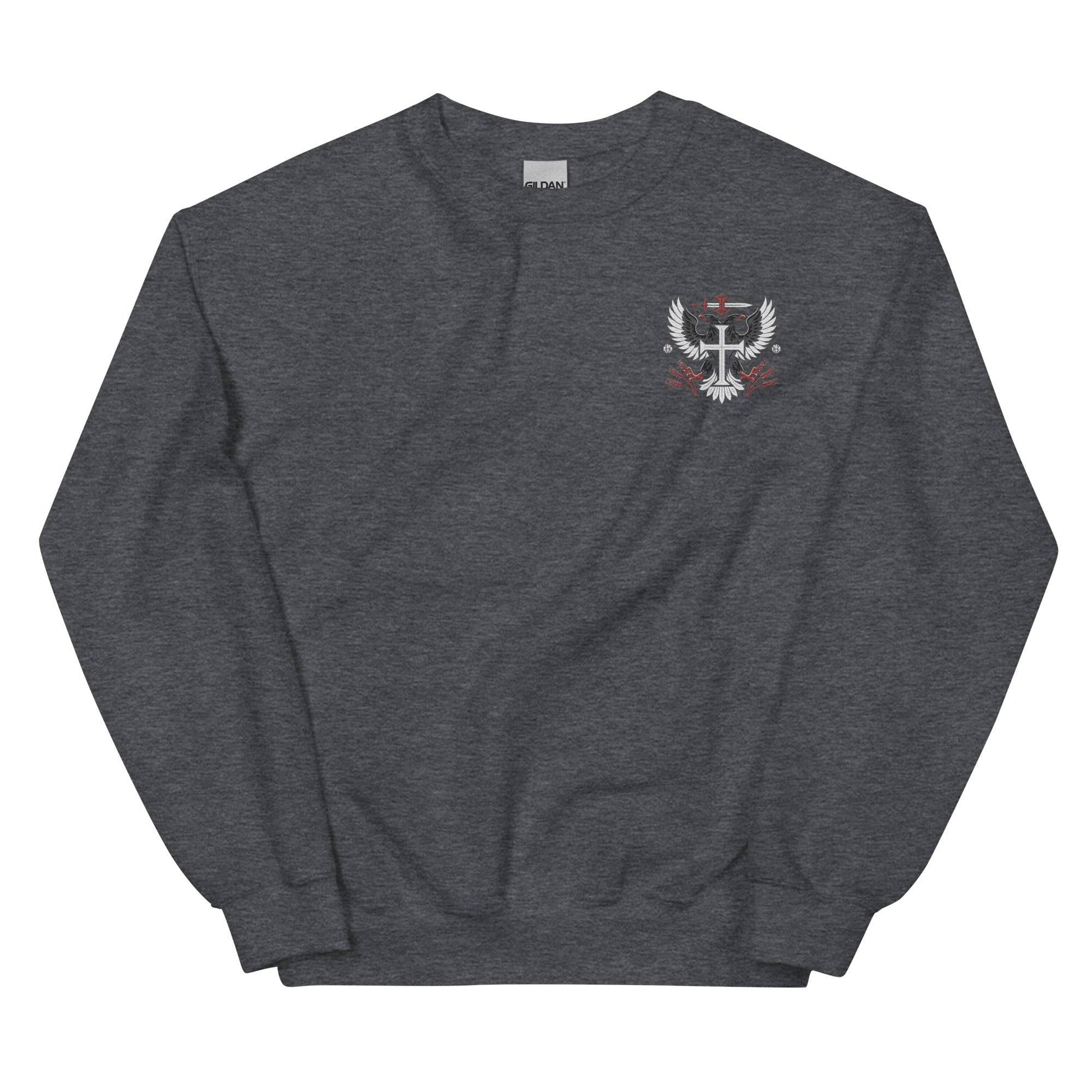 a grey sweatshirt with a white bird on it