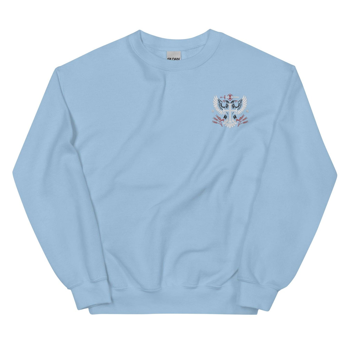 a light blue sweatshirt with an embroidered crest on the chest