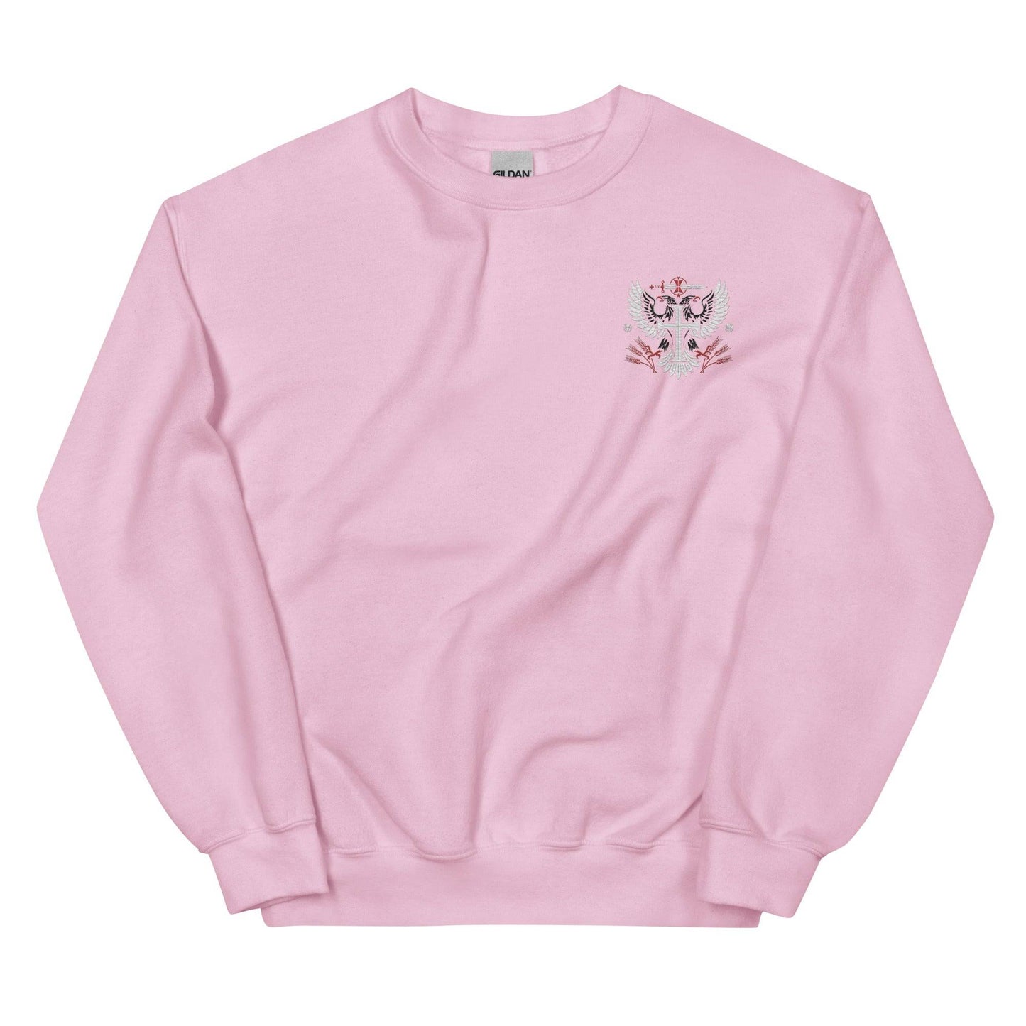 a pink sweatshirt with a cat embroidered on the chest