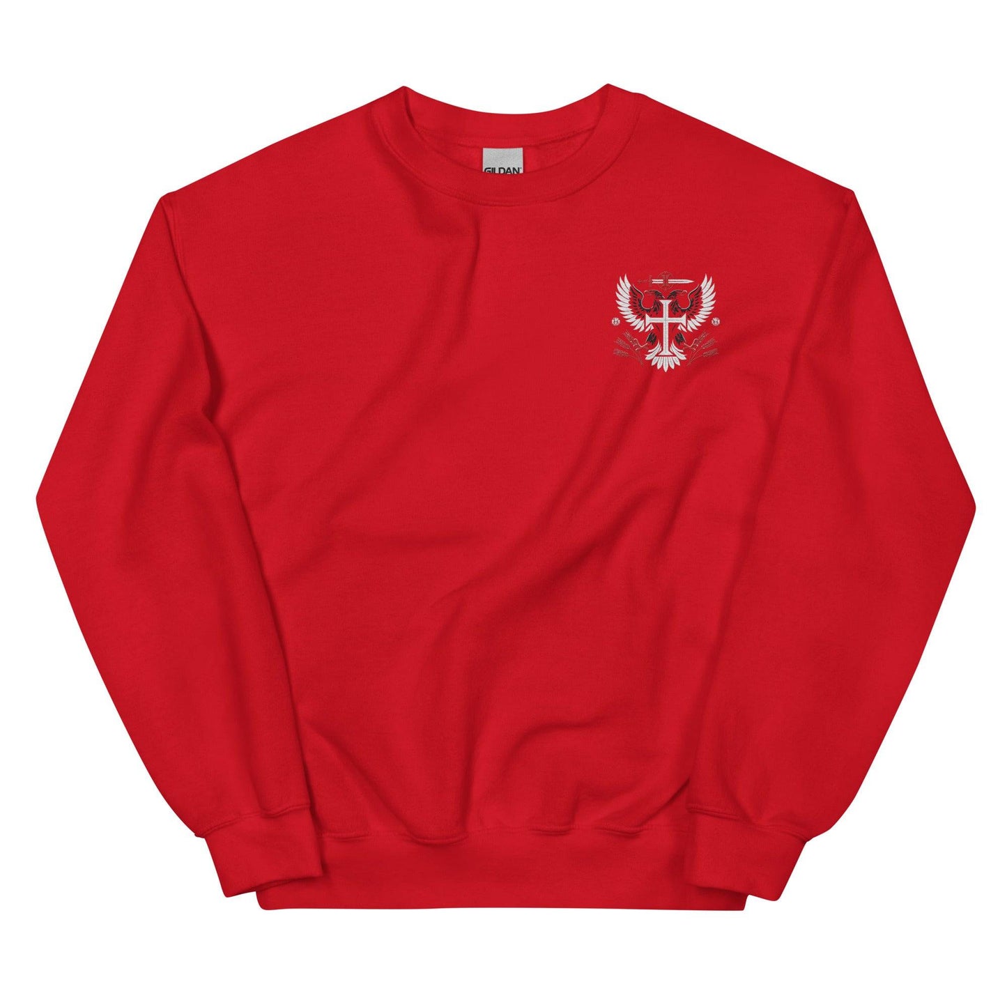 a red sweatshirt with a white bird on it