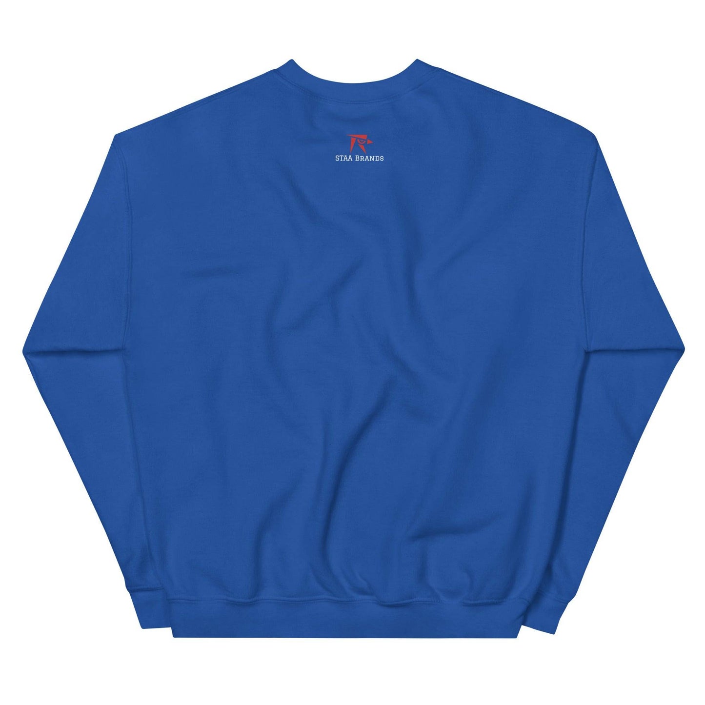 a blue sweatshirt with a red and white logo