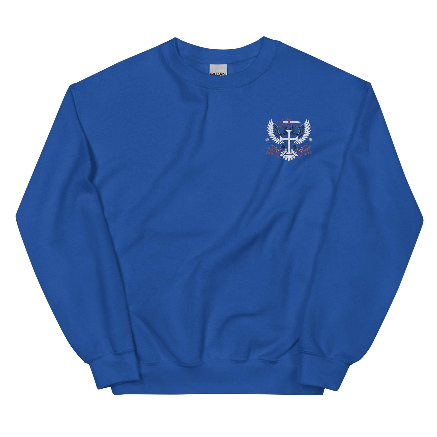 a blue sweatshirt with a white bird on it