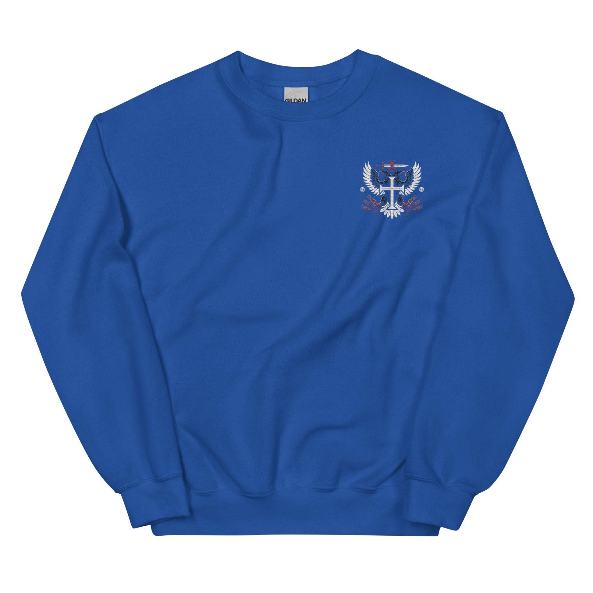 a blue sweatshirt with a white bird on it