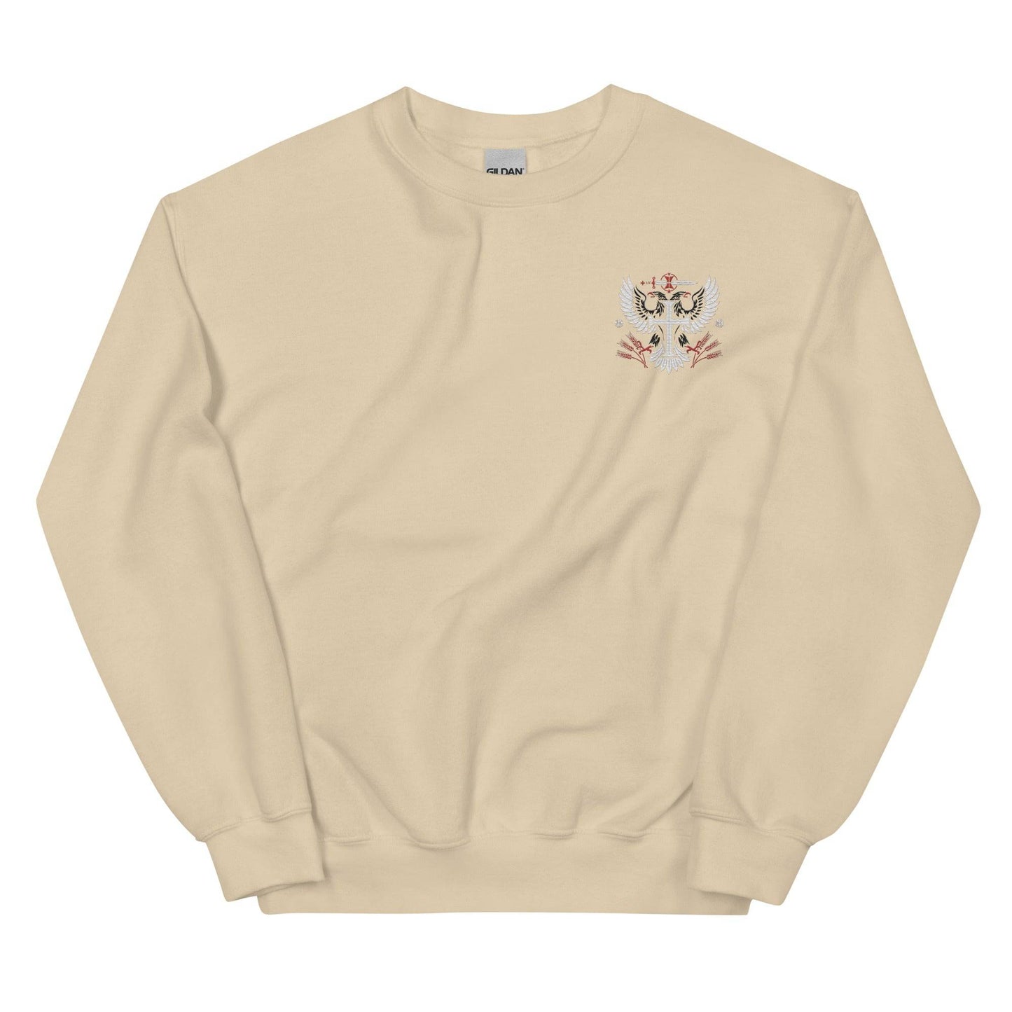 a beige sweatshirt with a cat embroidered on the chest