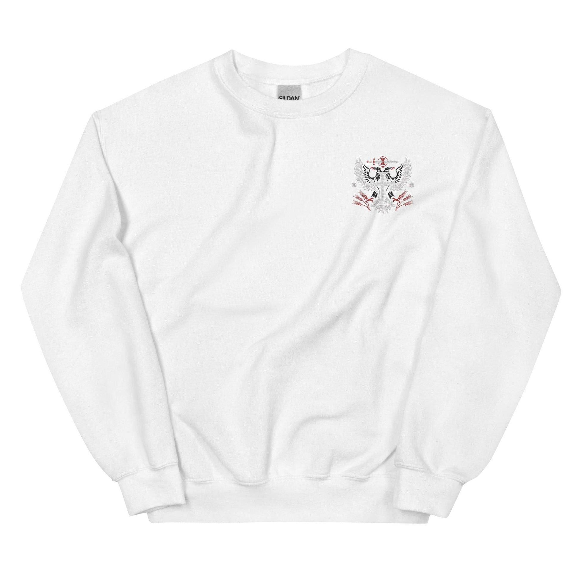 a white sweatshirt with a cat on it