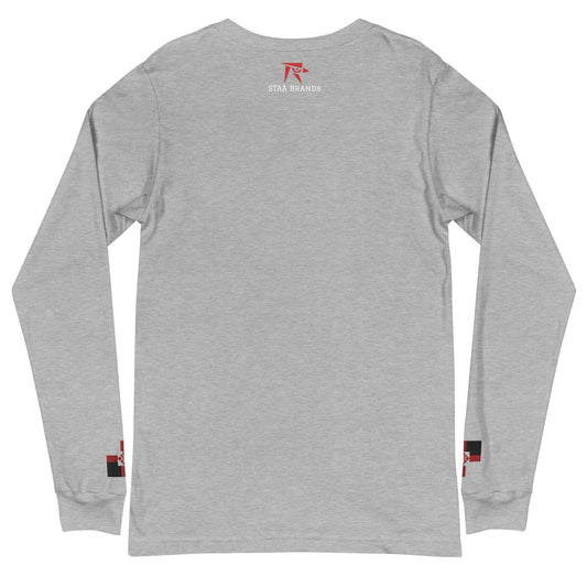 a grey long - sleeved shirt with a red and white logo