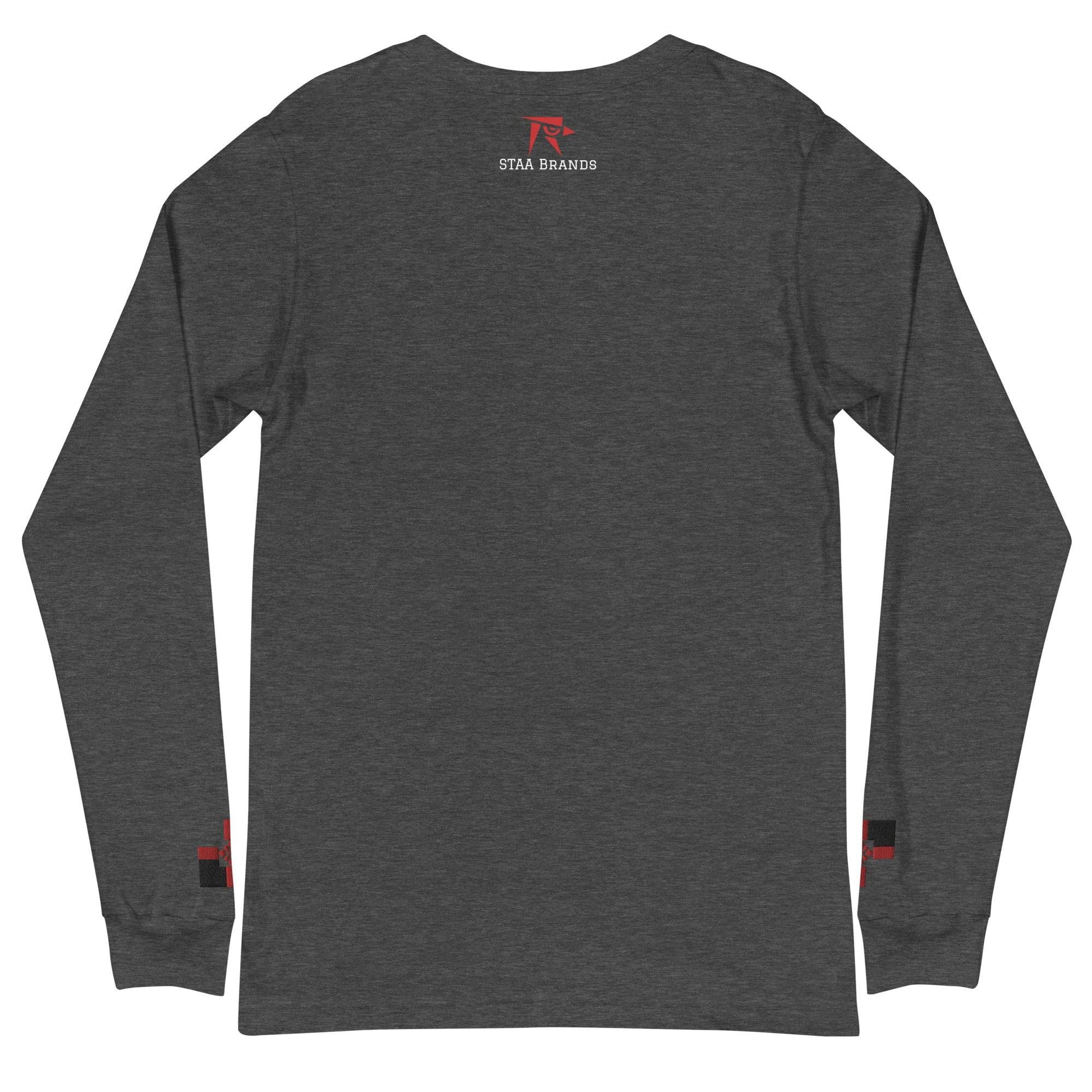 a gray long sleeve shirt with a red logo on the chest