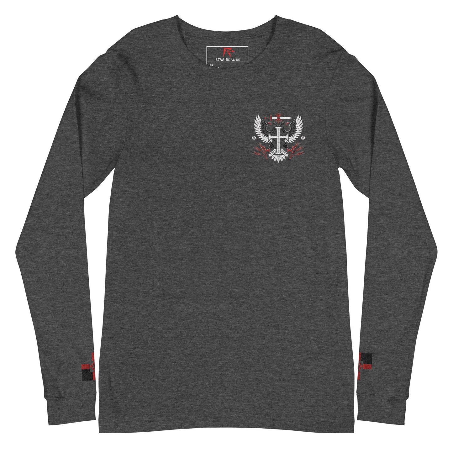 a gray long sleeve shirt with a red and white eagle on the chest