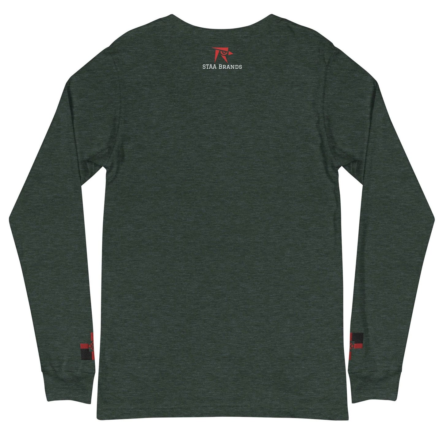 a dark green long sleeve shirt with a red logo