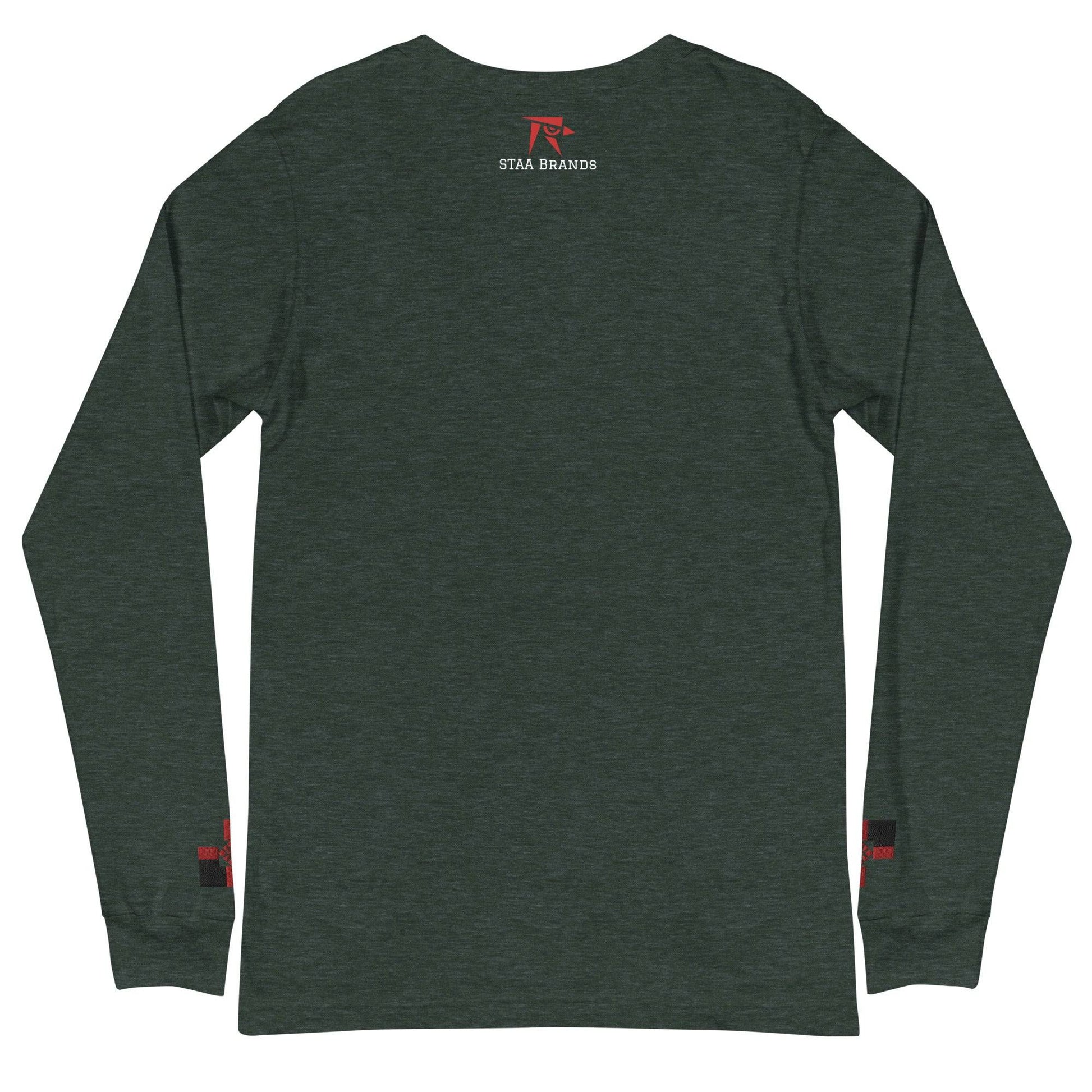 a dark green long sleeve shirt with a red logo