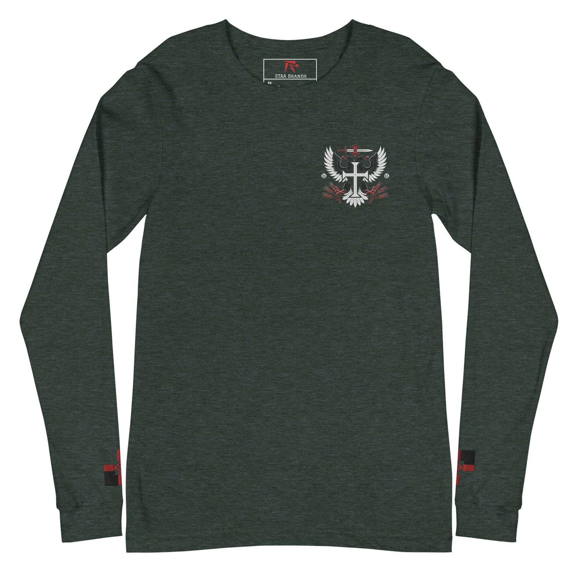 a dark green long sleeve shirt with a red and white eagle on the chest