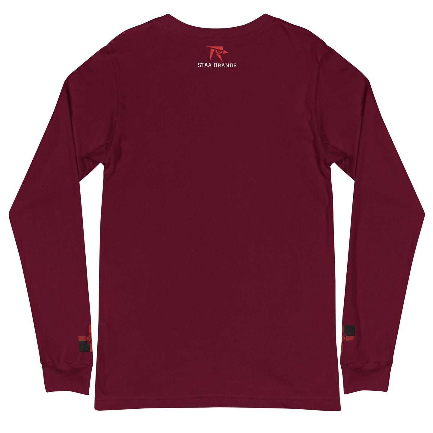 a maroon long - sleeved shirt with a red logo on the chest