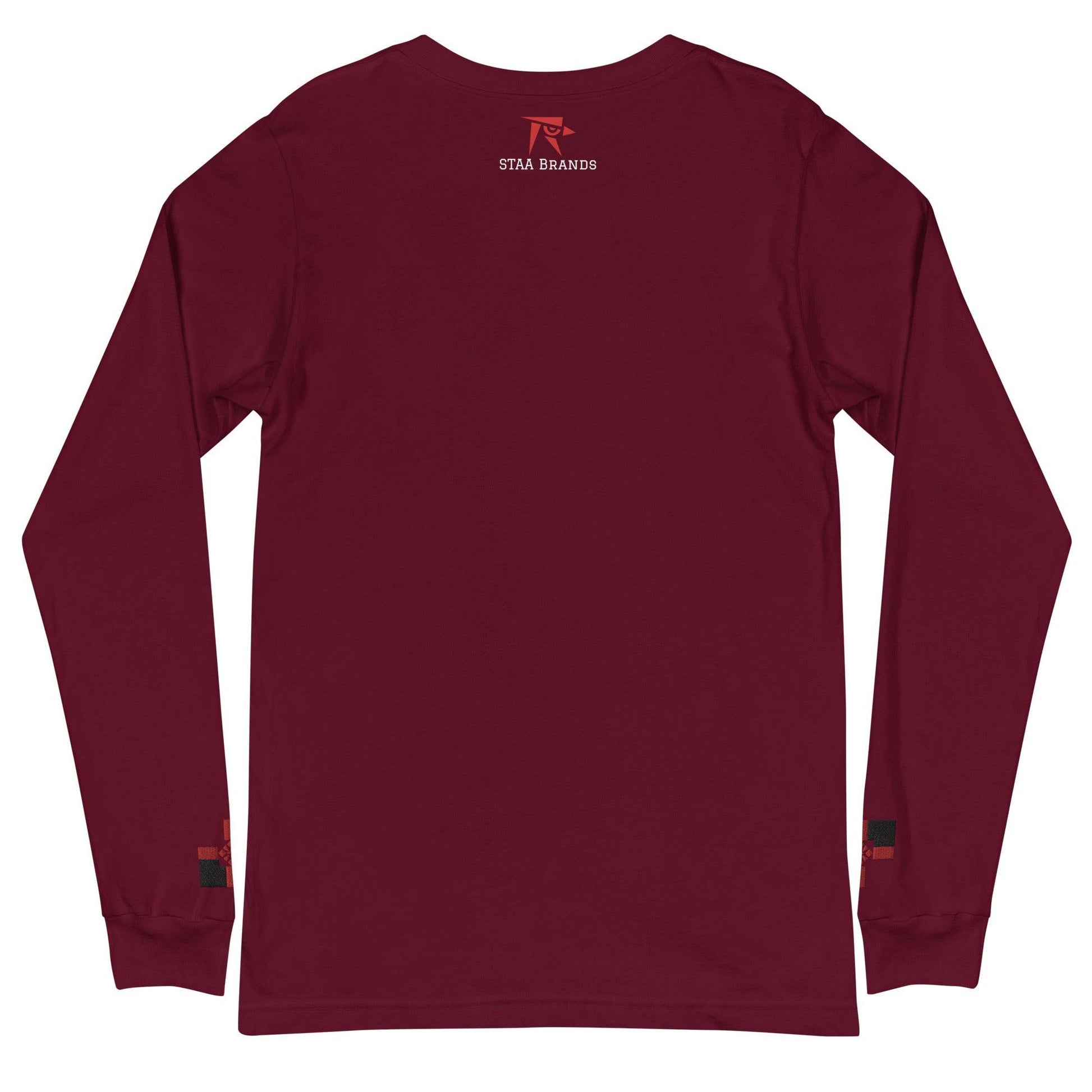 a maroon long - sleeved shirt with a red logo on the chest