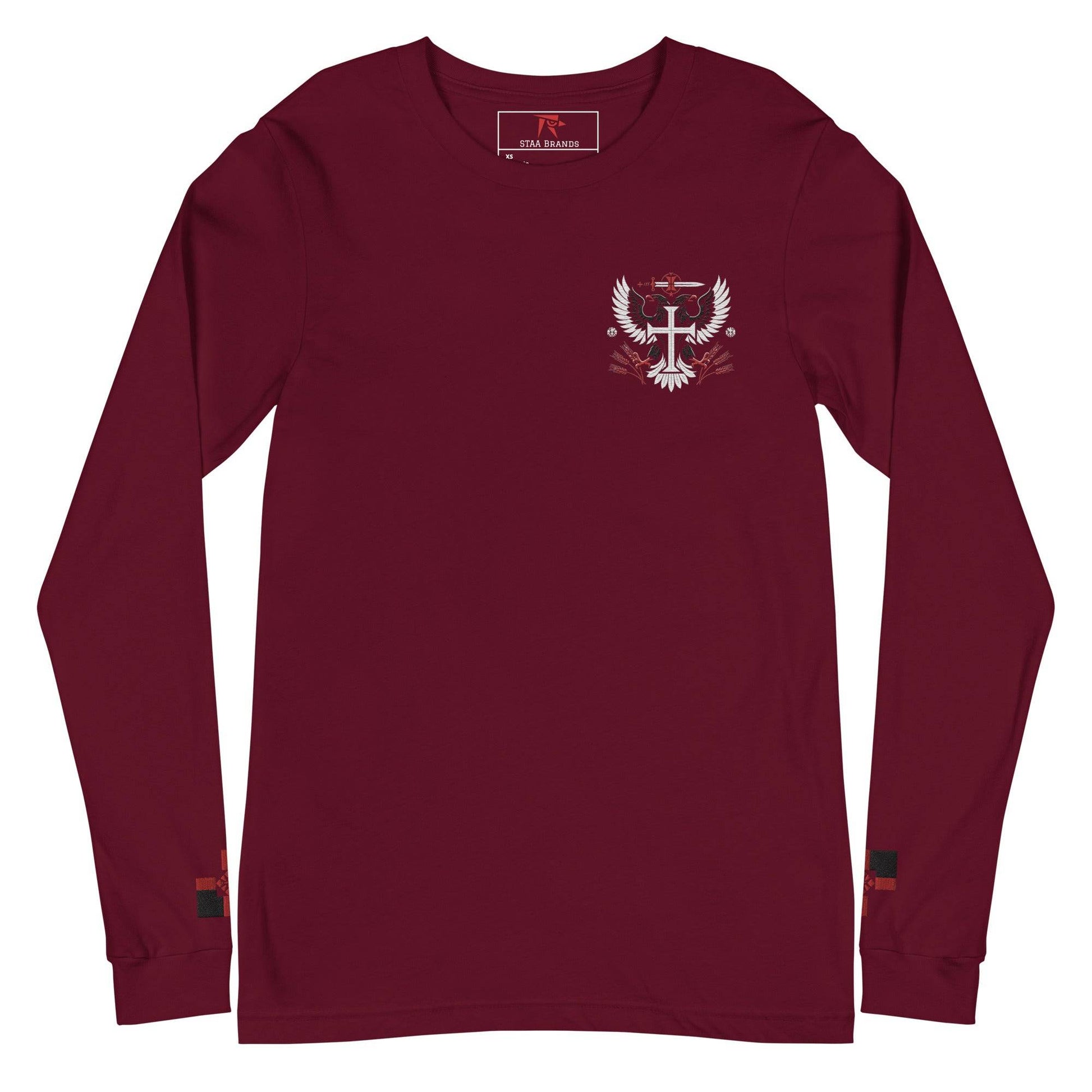 a maroon long sleeve shirt with a white eagle on the chest