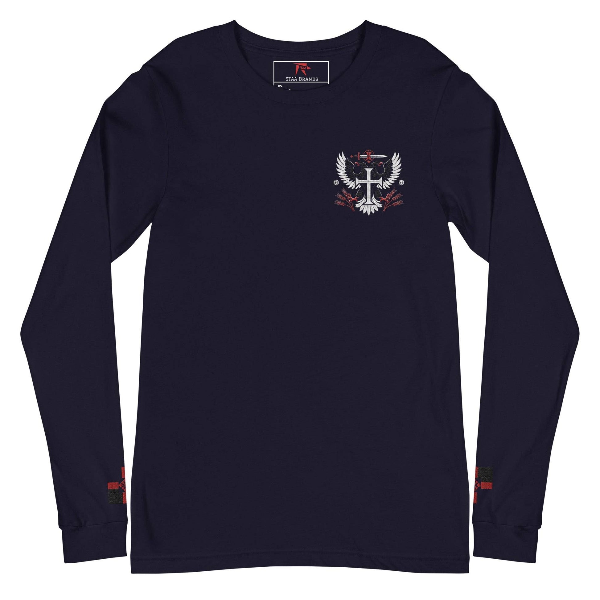 a navy long sleeve shirt with a white eagle on it