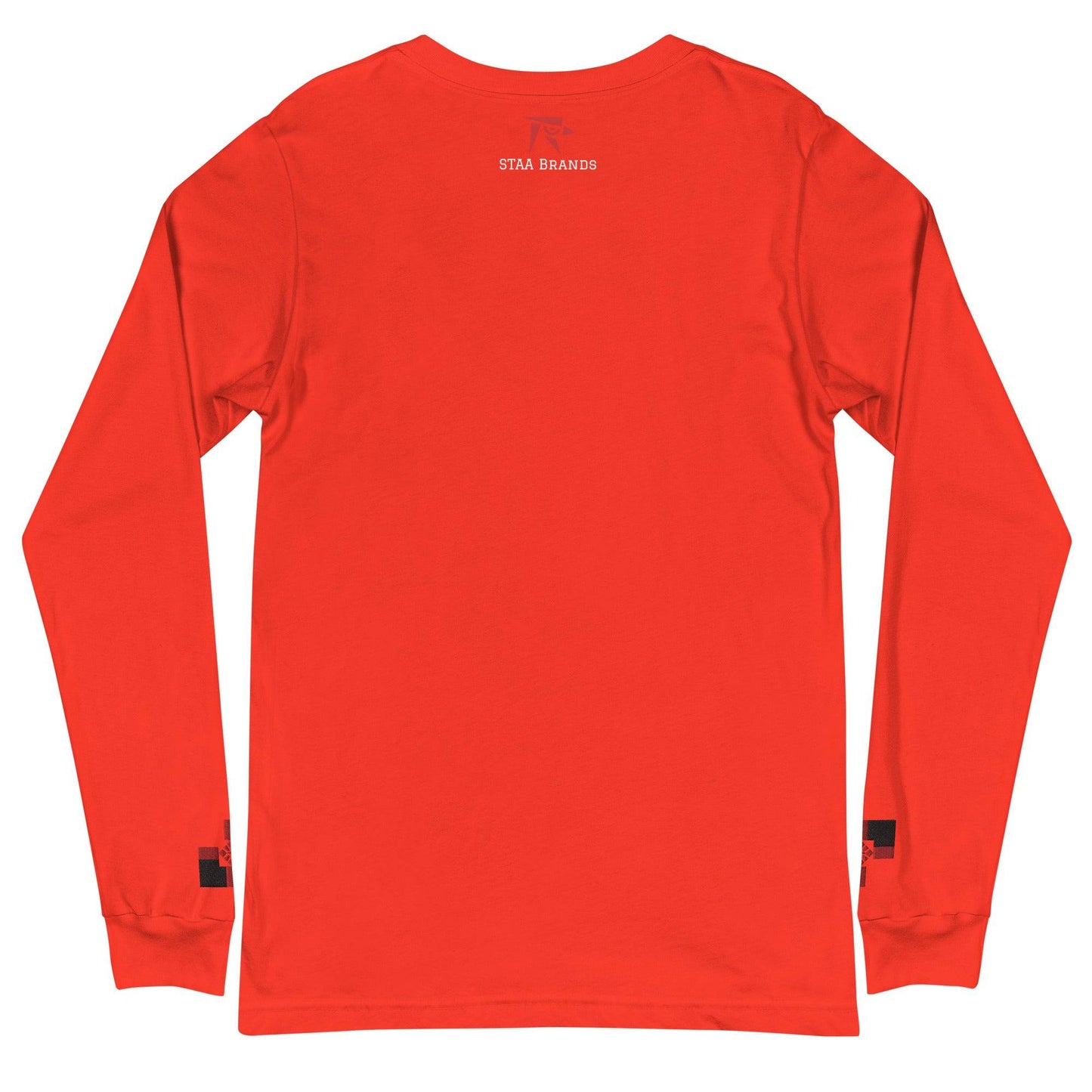 a red long - sleeved shirt with a white logo on the chest