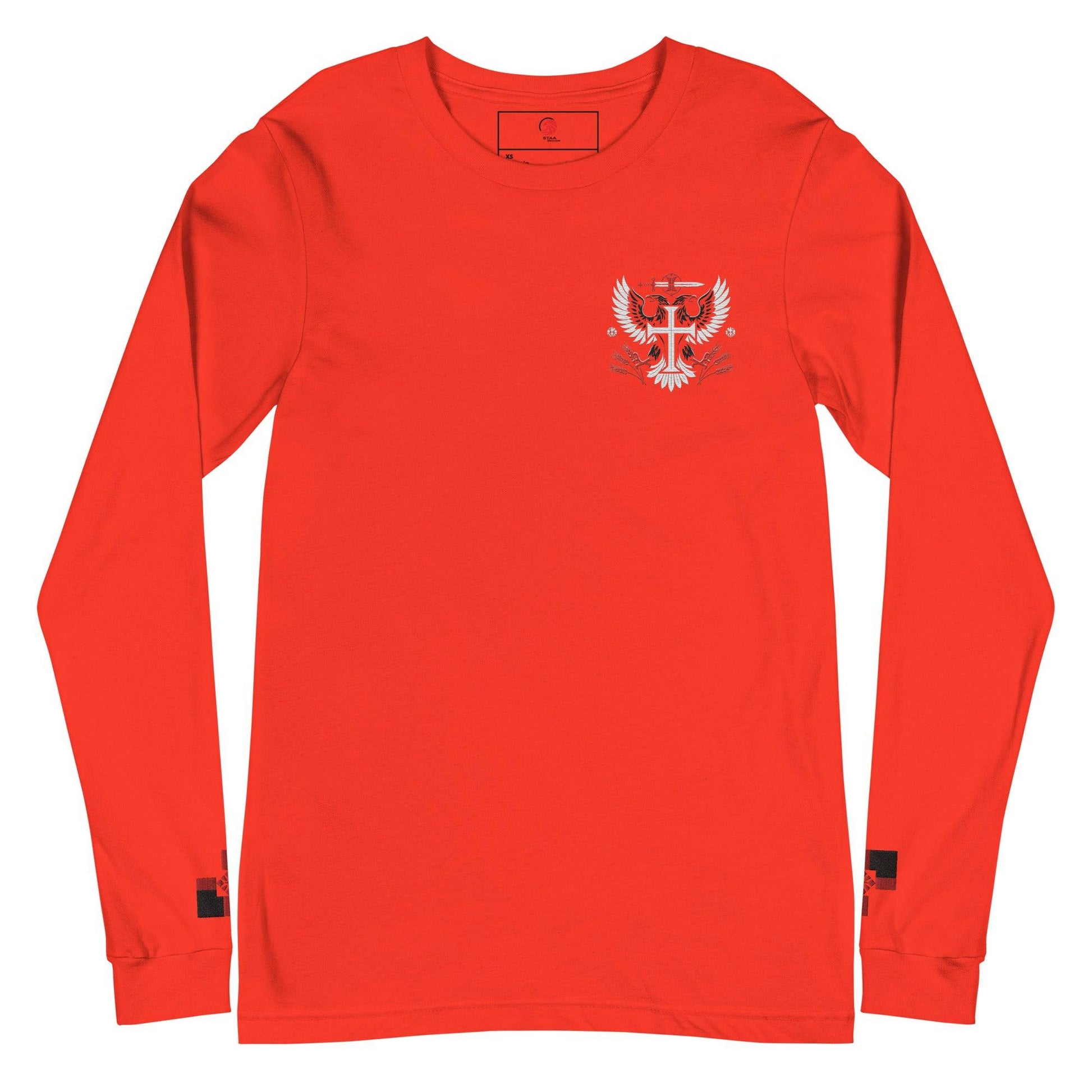 a red long - sleeved shirt with an eagle on the chest