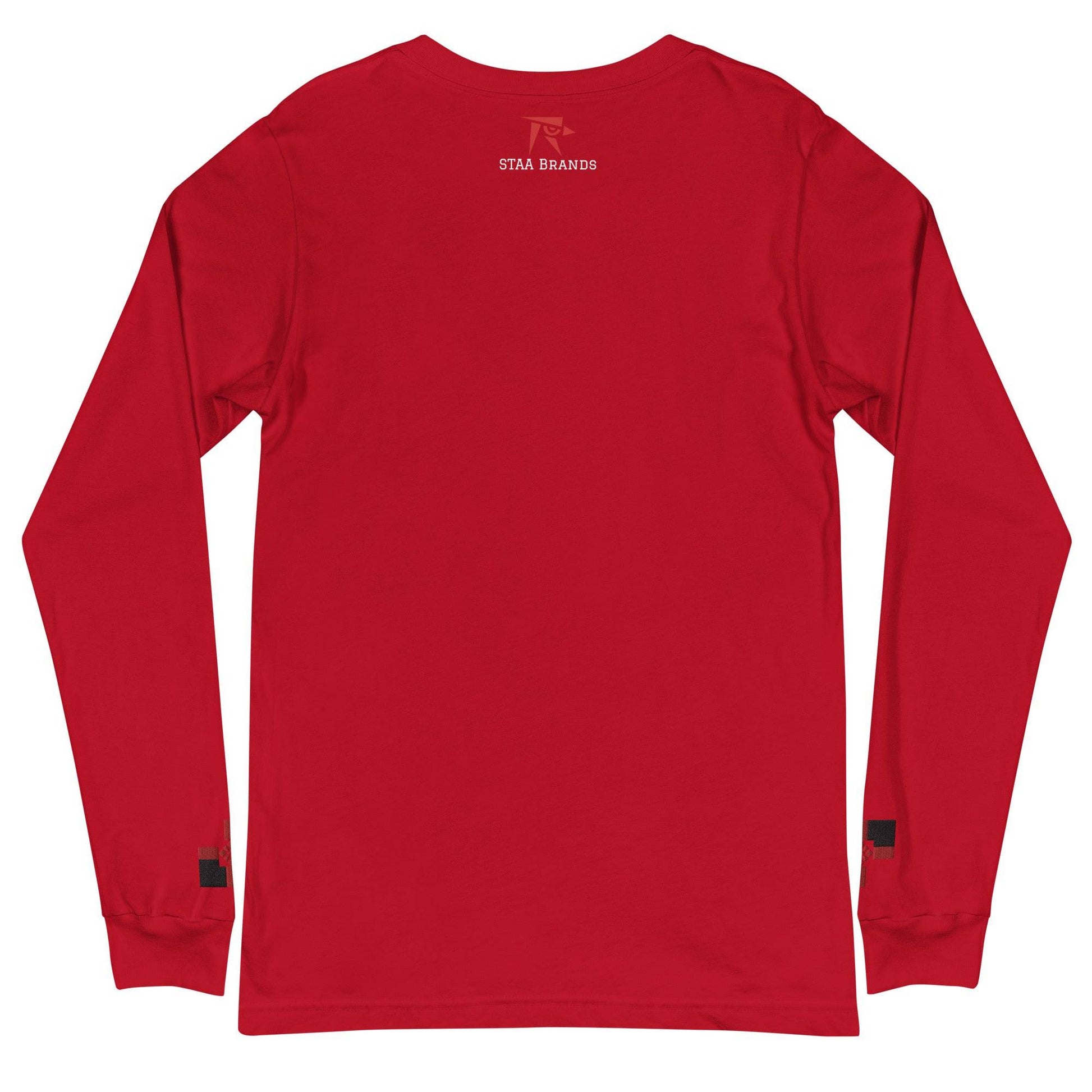 a red long - sleeved shirt with a white logo on the chest