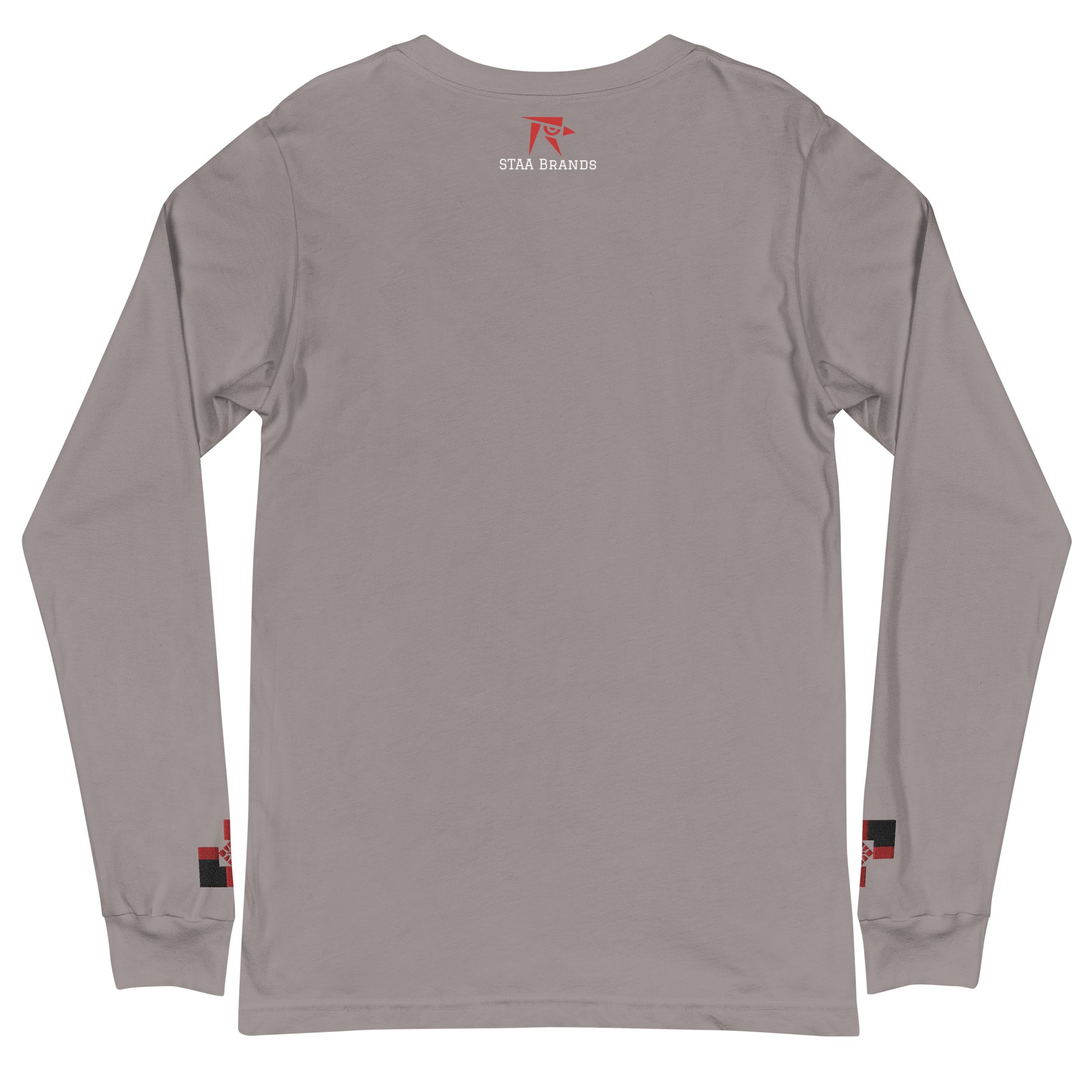 a gray long - sleeved shirt with a red and white logo