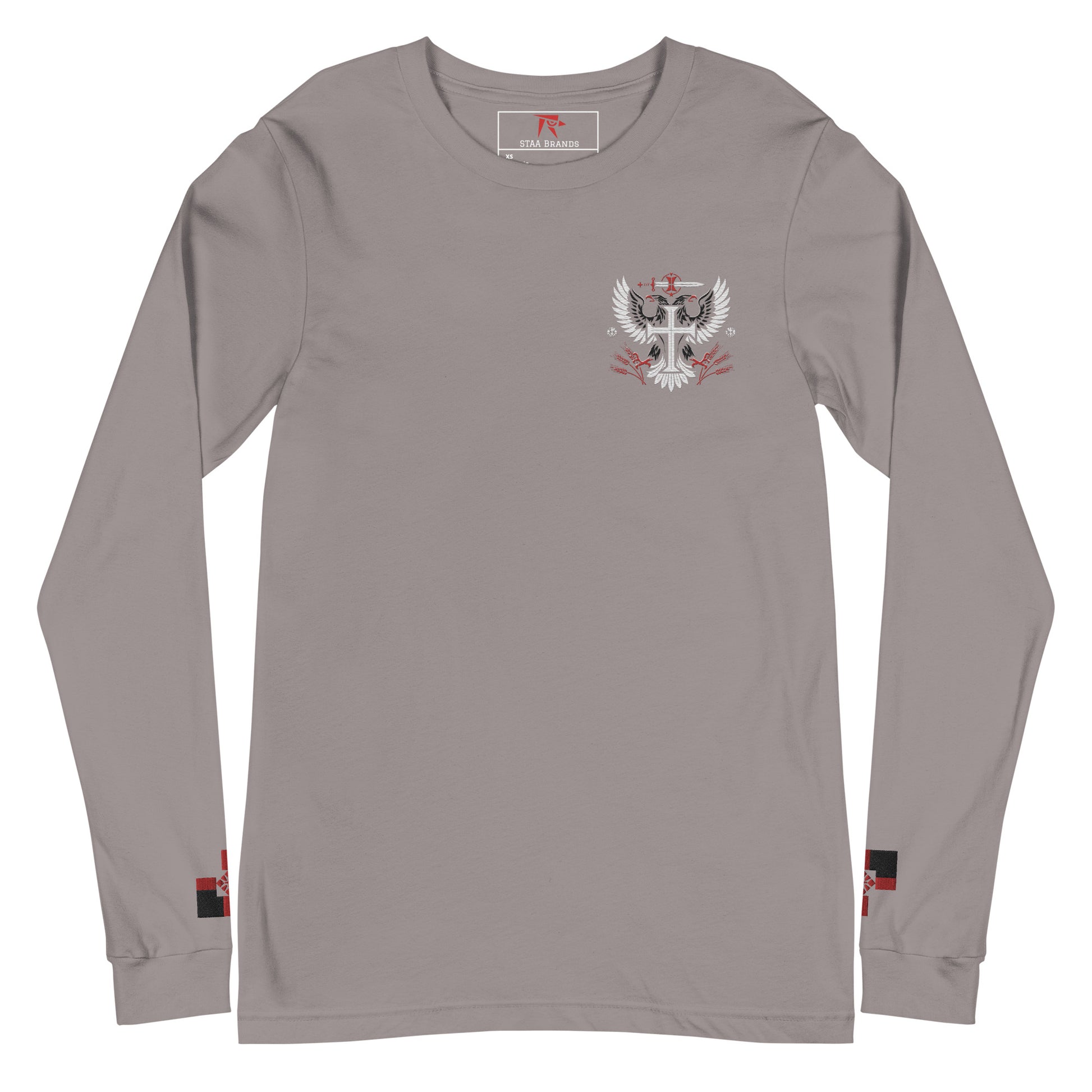 a gray long sleeve shirt with an eagle on the chest