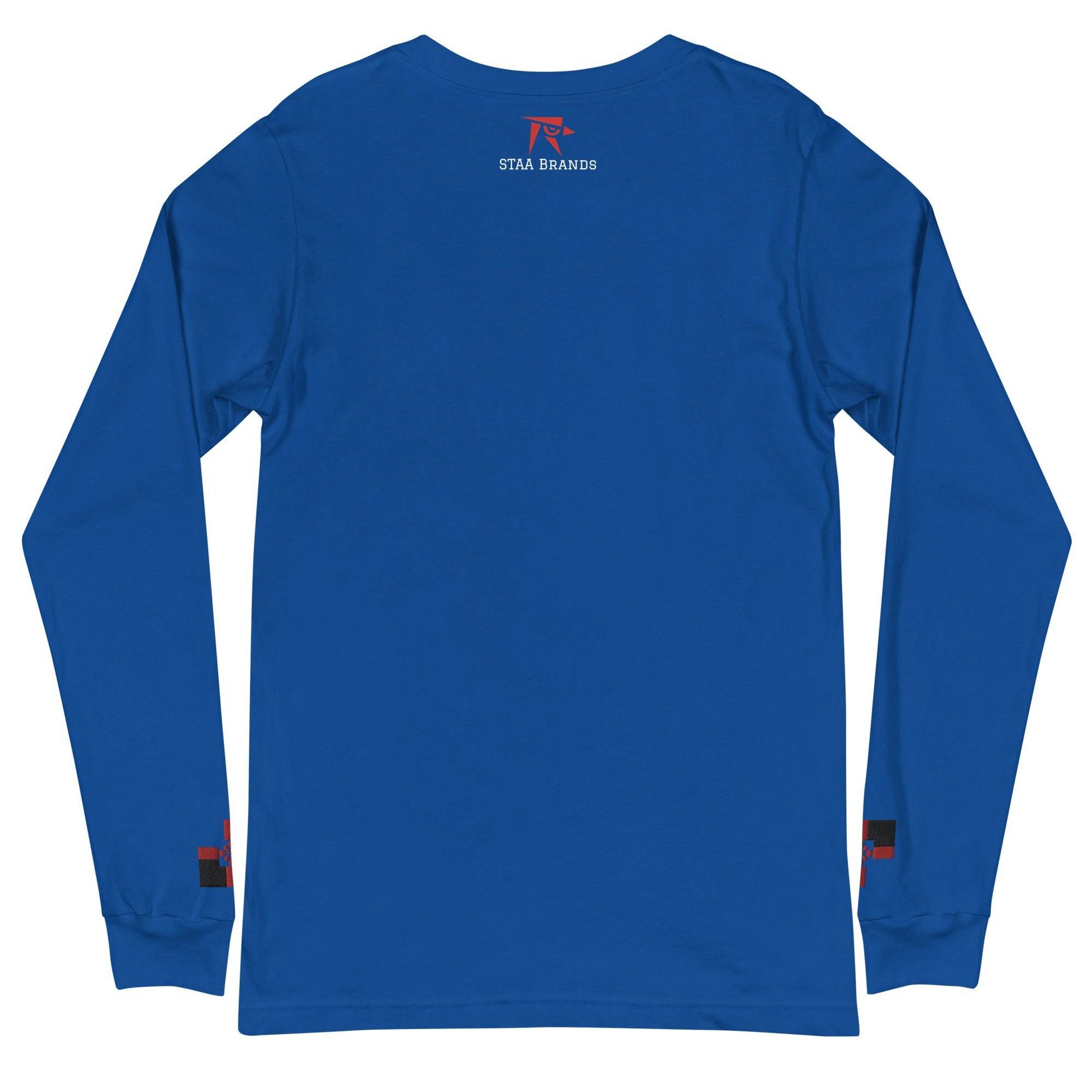 a blue long - sleeved shirt with a red and white logo