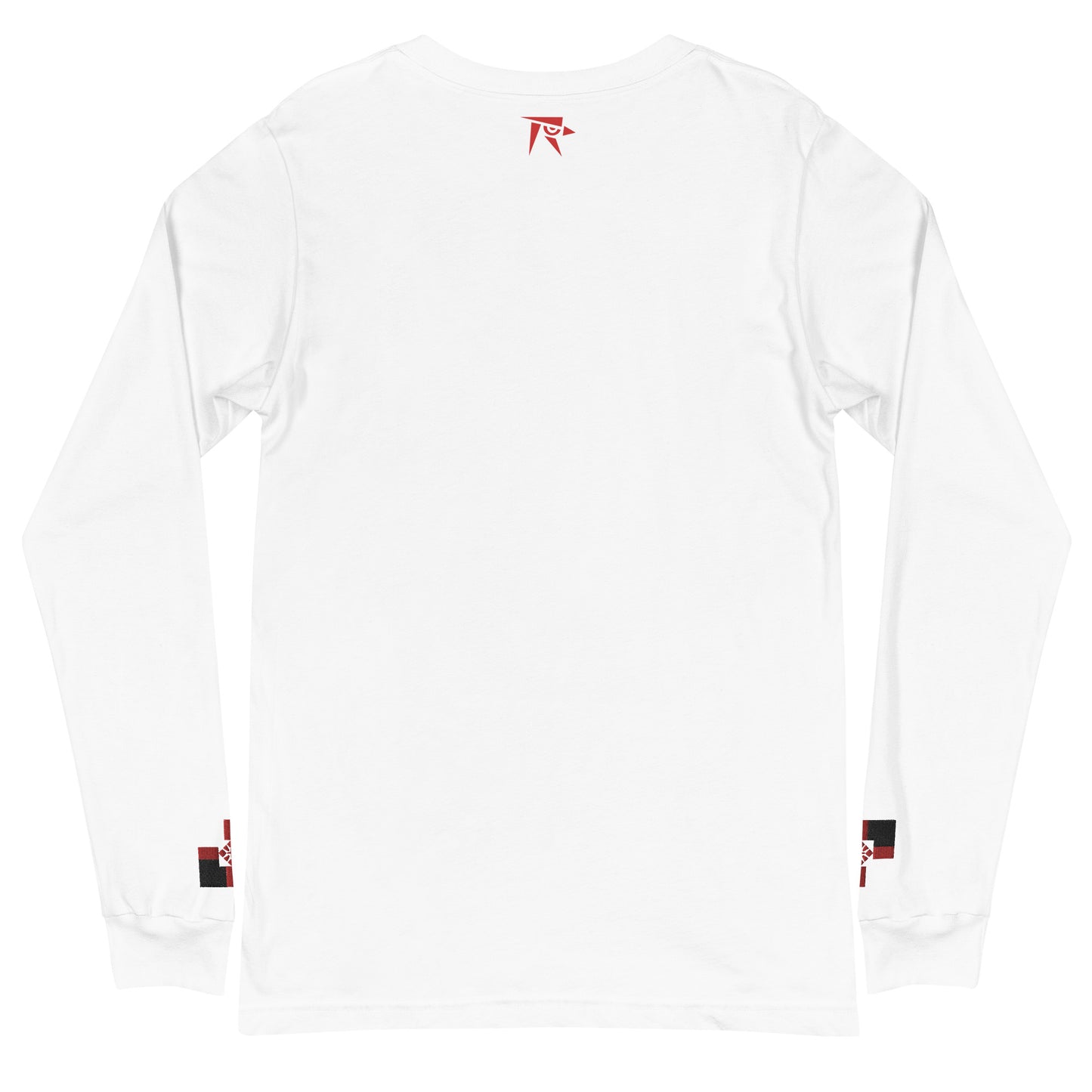 a white long sleeve shirt with a red logo on the chest