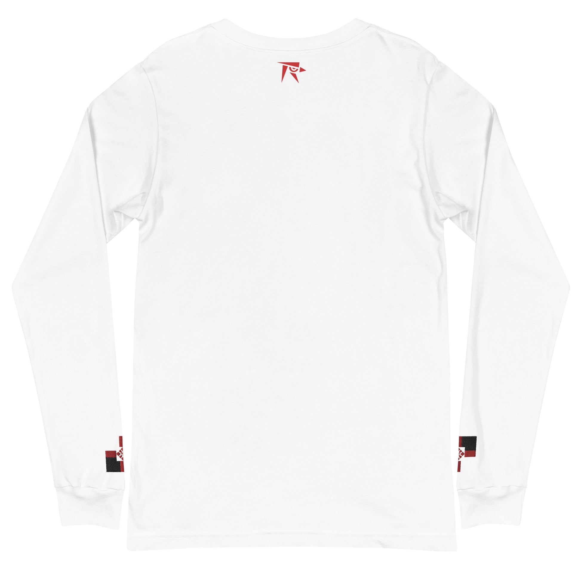 a white long sleeve shirt with a red logo on the chest