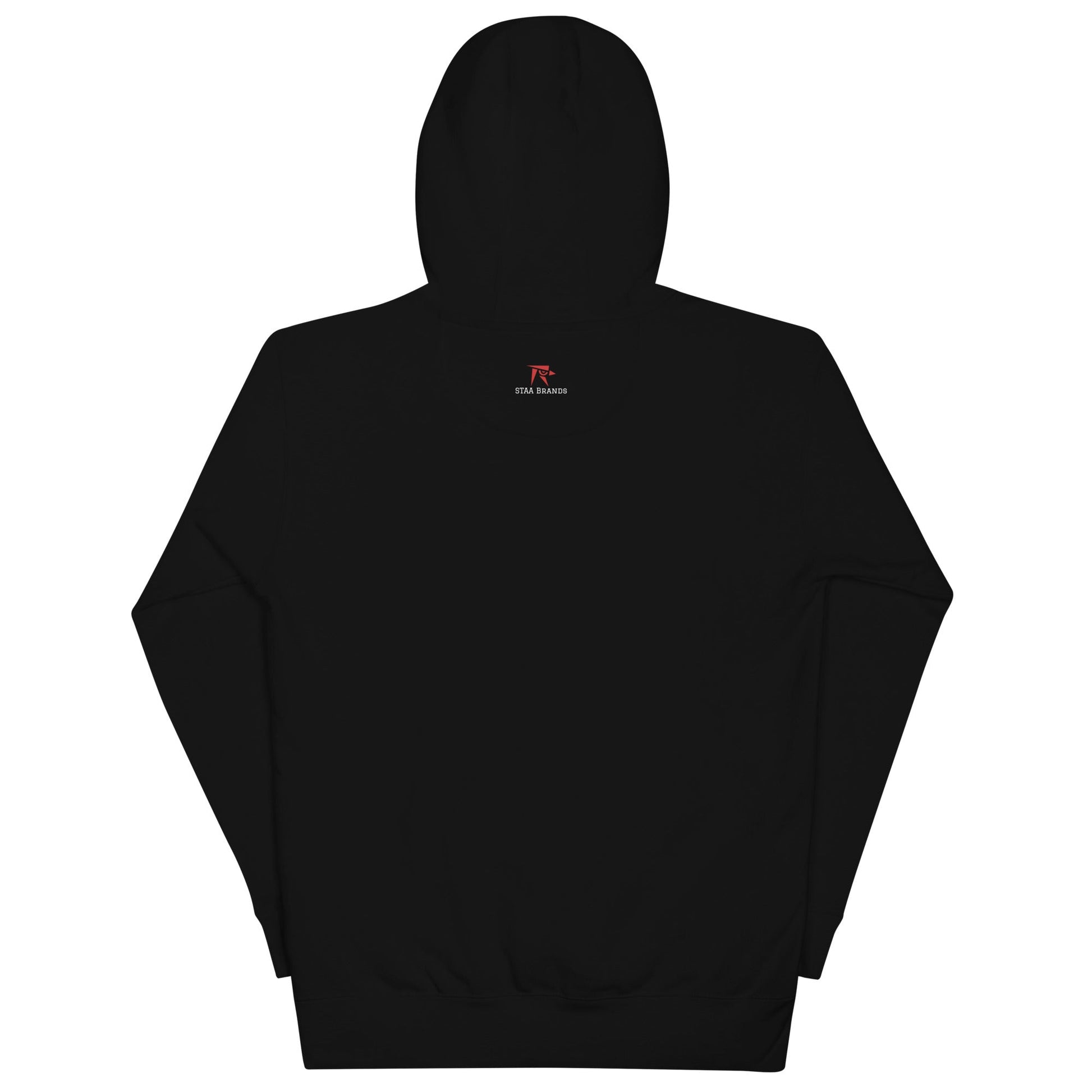 a black hoodie with a red and white logo on it