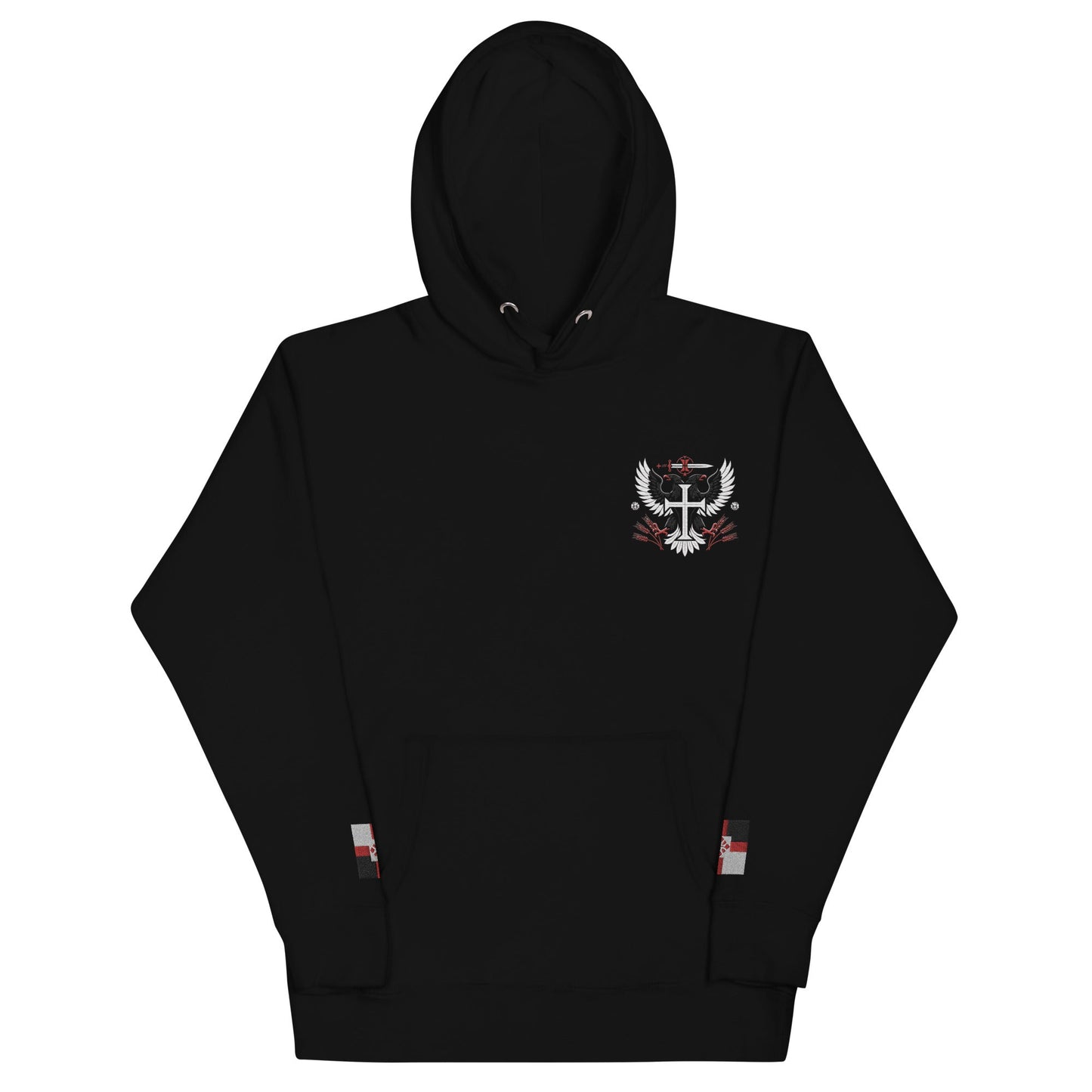 a black hoodie with a eagle and cross on it